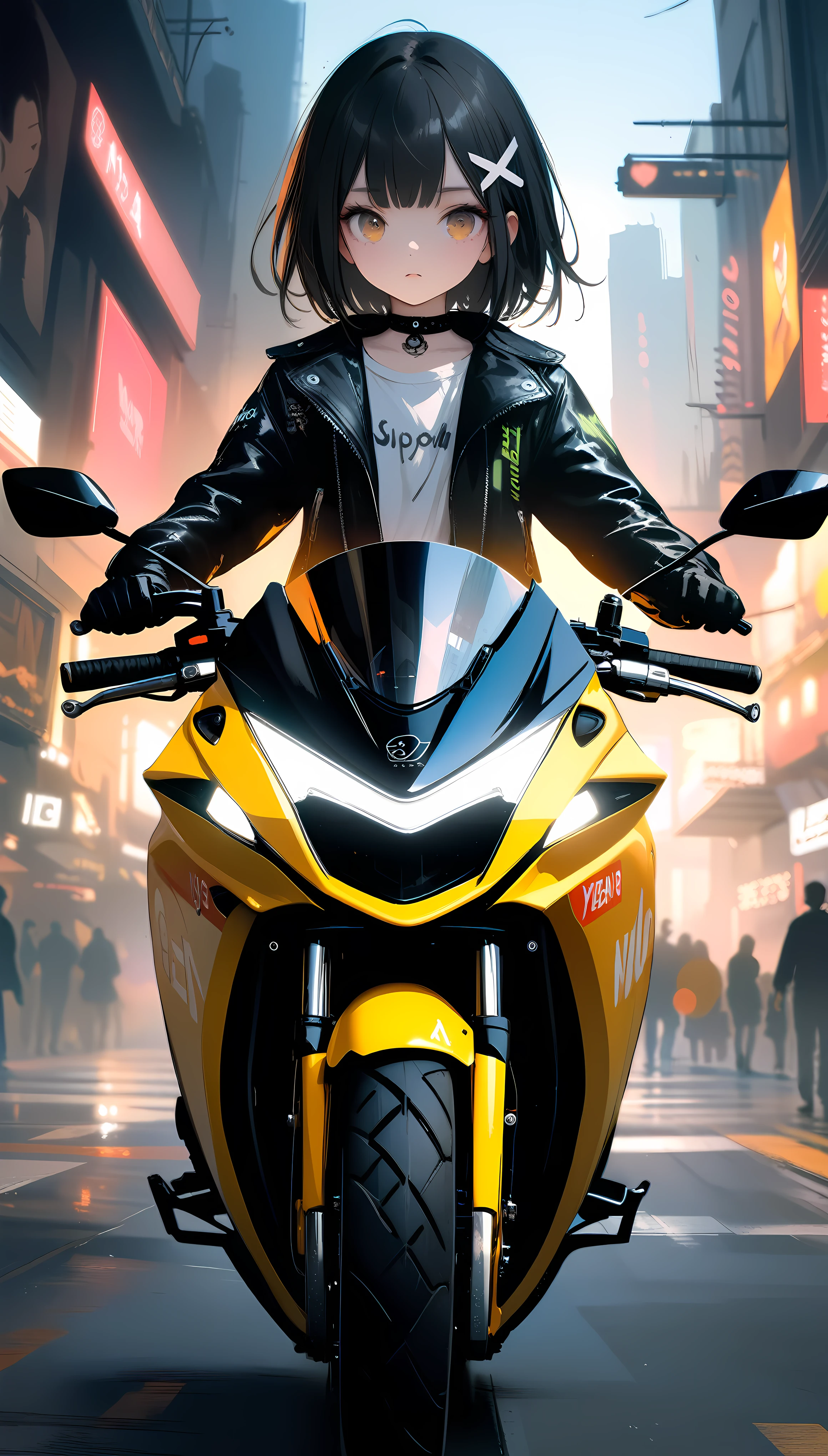 [artist:ningen_mame],[artist:sho_(sho_lwlw)],[artist:mignon],[artist:kedama milk],[artist:ask_(askzy)],artist:wanke,artist:wlop,artist:fujiyama,year 2024,8k,cyberpunk style,1girl,(Miyu Edelfelt),black hair,brown eyes,small chest,x hair ornament,Tight leather jacket and leather pants cover the whole body,High-heeled leather boots,(riding yellow SUZUKI GSX1300R motorcycle),Beautiful,Glowing special effects,celluloid style,Flat coating,HD,CG art,comics,8K,looking into camera,high quality,illustration,Vaporwave style,rim light,movie lighting,Super detailed,complex,OC renderer,cinematic perspective,high resolution