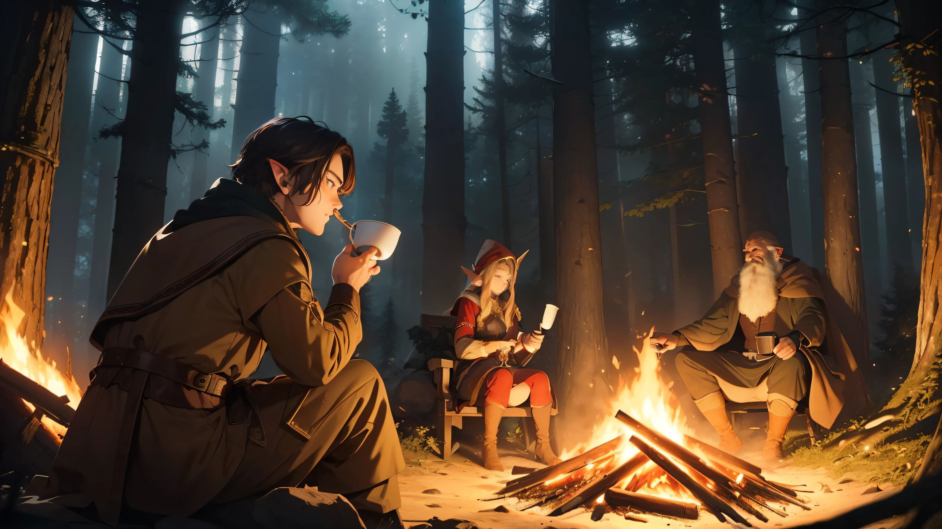 ((Top quality, 4k, 8k, high resolution, masterpiece: 1.2))), (super detailed), (realistic), (photorealistic), (photorealistic: 1.37), (HDR, UHD), (studio (lighting), ultra-fine drawing, sharp focus, physically based rendering, highly detailed, professional, vibrant colors, (((night, midnight))), medieval European clothing, adventurer's clothing, (((forest, deep forest))), (((bonfire))), male adventurer drinking coffee in front of a bonfire, sleeping elf Dwarf keeping watch on her surroundings,