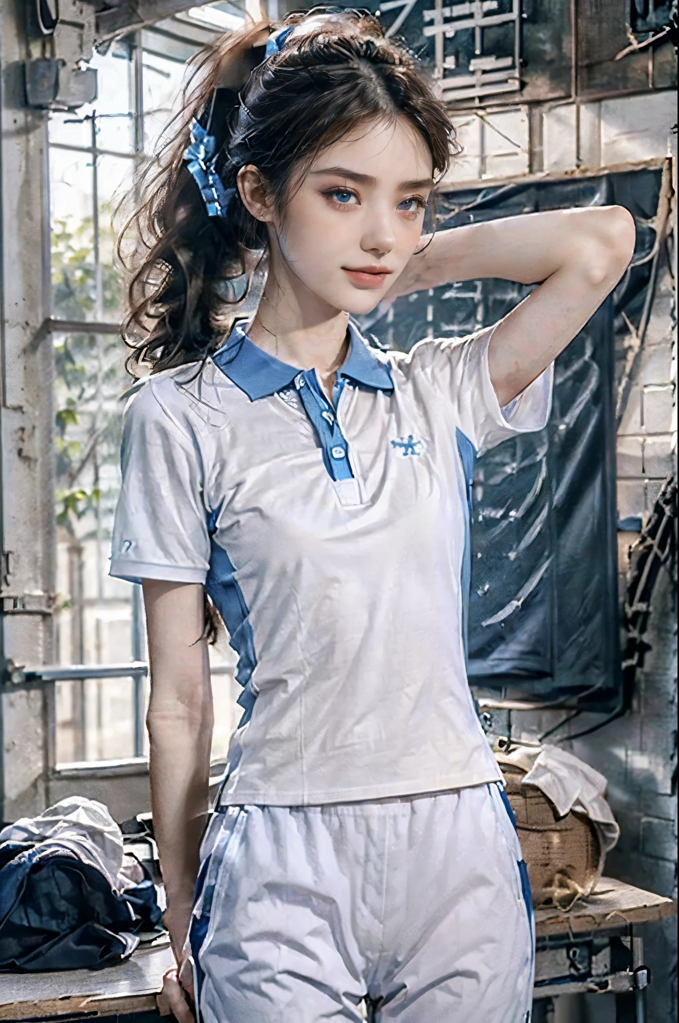 (Extremely meticulous CG),(((8k))),wallpaper,((Extremely refined and beautiful)),(((Masterpiece))),(((best qualtiy))),(((Ultra High Resolution))),realistic shaded,(Smooth and flawless fair skin:1.5),(Extremely exquisite facial details:1.3),(ultra-detailed:1.5),((a beautiful girl,solo)),(student:1.2),(short ponytail:1.2),(small head:1.2),(slender face:1.2),(Exquisite makeup:1.3),(blush:1.3),(smiling:1.2),(laughing:1.2),(perfect body:1.2),(pale skin:1.3),((slim,thin)),(small breasts:1.2),(flat chests:1.2),(blue collar:1.2),(short sleeves:1.2),(white polo shirt:1.5),(blue sports pants:1.5),(standing:1.3),(arms behind back:1.3),(at school:1.3),(In the Classroom:1.5),(indoor:1.2),(day scene:1.5),(detailed background:1.5),(upper body:1.3),(from front:1.3),