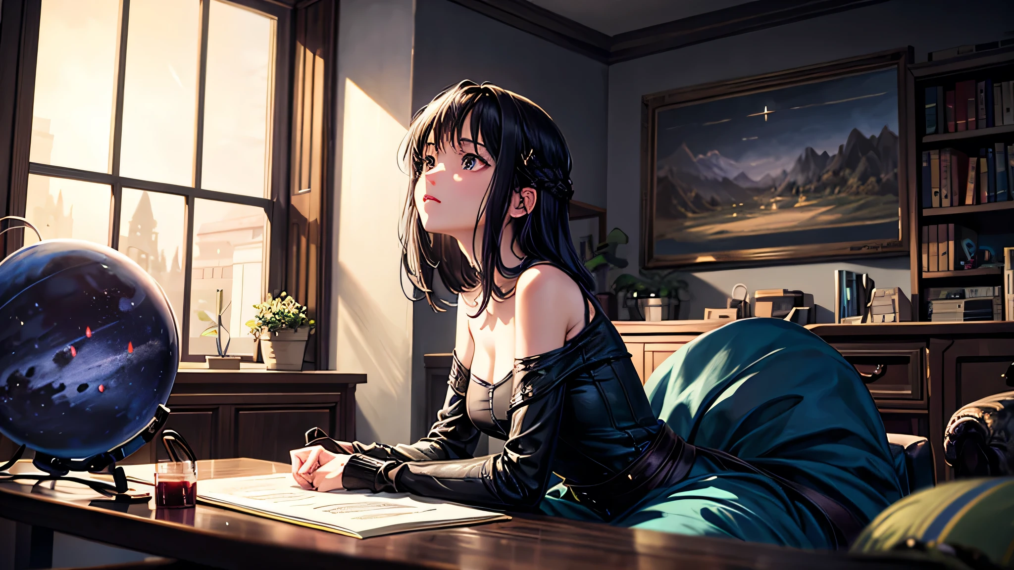 alone, Singular light, woman, midnight, face seen from the side, sideways, cosmic, fantsy, looking away:1.4, adult, busty, Ghibli-like design, living room, sitting, dark hair, studying, Completely, landscape orientation, side view,