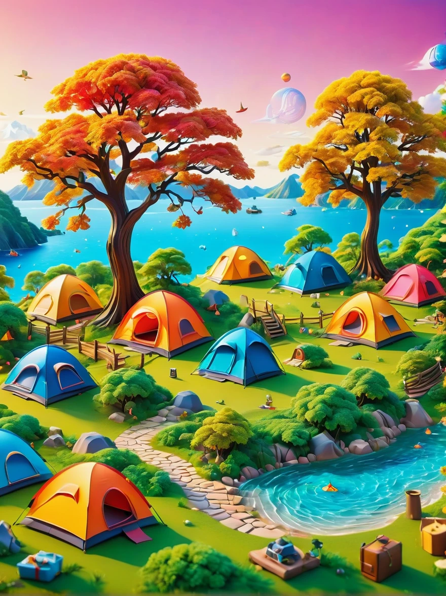 3D miniature scene，Summer，Island，(Campsites and tents:1.5)，Under the big tree，Neatly arranged goods，The  is playing，happy，Vibrant colors，Bold color scheme，Miniature landscape with sky as background，Dreamlike realistic scene，All rendered with wide-angle lenses and depth of field，Create a paper art illustration style with axial shift photography effects and ultra-sharp details，Bright colors，The color scheme is bold