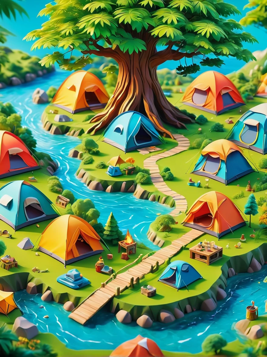 3D miniature scene，Summer，Island，(Campsites and tents:1.5)，Under the big tree，Neatly arranged goods，The child is playing，happy，Vibrant colors，Bold color scheme，Miniature landscape with sky as background，Dreamlike realistic scene，All rendered with wide-angle lenses and depth of field，Create a paper art illustration style with axial shift photography effects and ultra-sharp details，Bright colors，The color scheme is bold