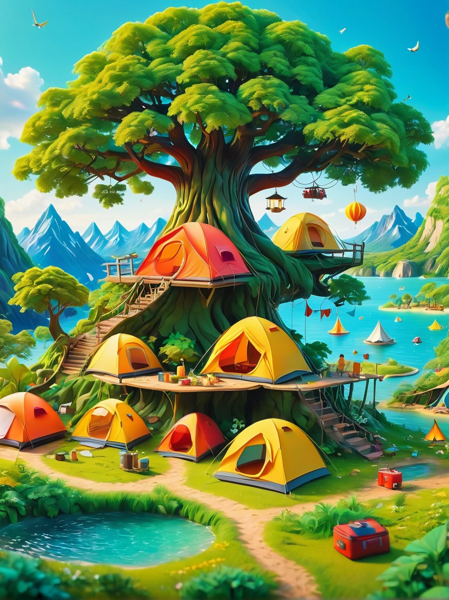 3D miniature scene，Summer，Island，(Campsites and tents:1.5)，Under the big tree，Neatly arranged goods，The child is playing，happy，Vibrant colors，Bold color scheme，Miniature landscape with sky as background，Dreamlike realistic scene，All rendered with wide-angle lenses and depth of field，Create a paper art illustration style with axial shift photography effects and ultra-sharp details，Bright colors，The color scheme is bold