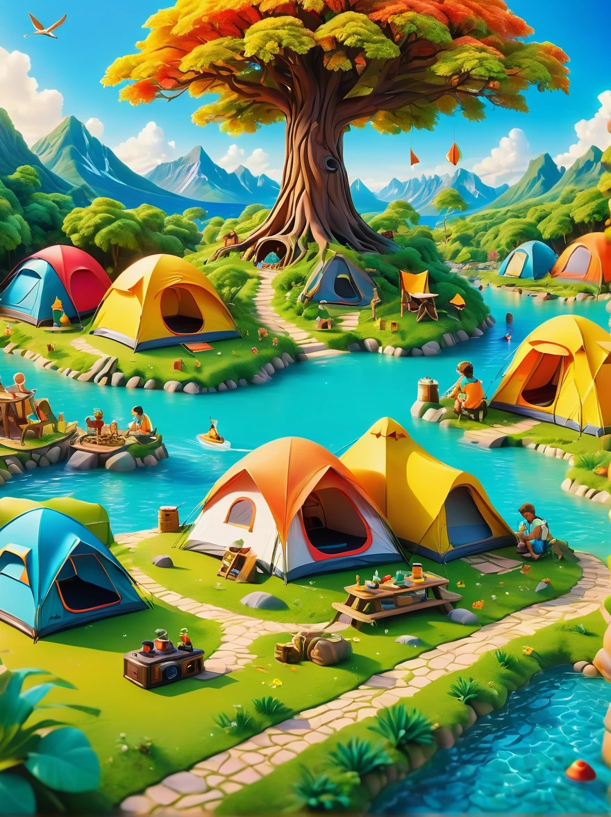 3D miniature scene，Summer，Island，(Campsites and tents:1.5)，Under the big tree，Neatly arranged goods，The child is playing，happy，Vibrant colors，Bold color scheme，Miniature landscape with sky as background，Dreamlike realistic scene，All rendered with wide-angle lenses and depth of field，Create a paper art illustration style with axial shift photography effects and ultra-sharp details，Bright colors，The color scheme is bold