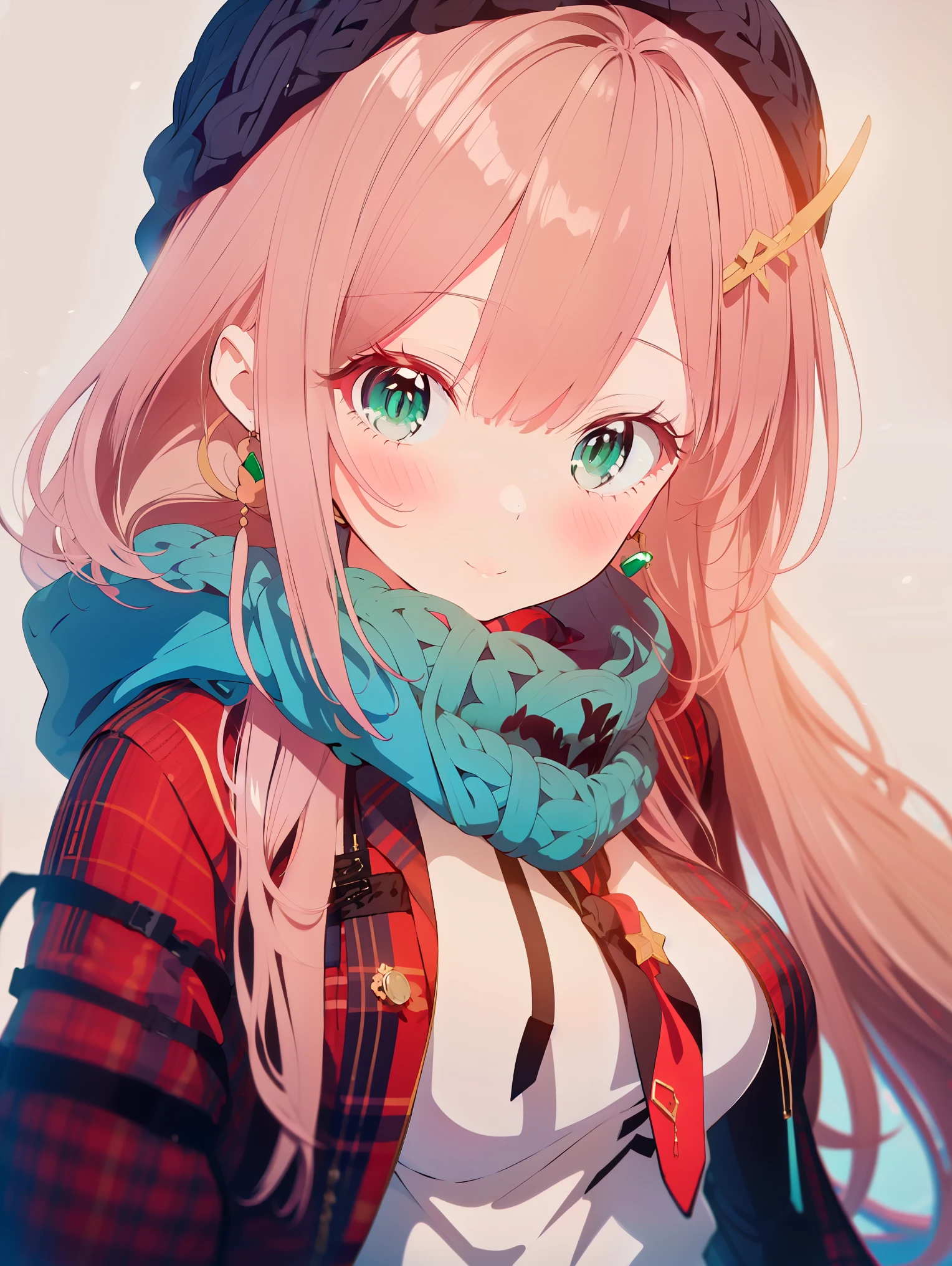 {{{{tmasterpiece}}}}, {{{ultra - detailed}}}, {{{A high resolution}}}, {{Good anatomy}}, (((Best quality at best))), ((Maximalism)),((Emerald eyes,with pink hair)),{{Extremely detailed and refined}}, {8k CG wallpaper}, {{illustratio,Get on camera,closeup of face,Face portrait}}, (long whitr hair|detailed hair|bluntbangs|shinny hair),((blazer: The white,vintage,bohemian style,plaid shirt,Outerwear with hoodie,brown knitted scarf)),proud face,ear rings,Blushing with joy,girlfriend lens,(1 girl:1), Alone,little breast, (color difference:1.2)