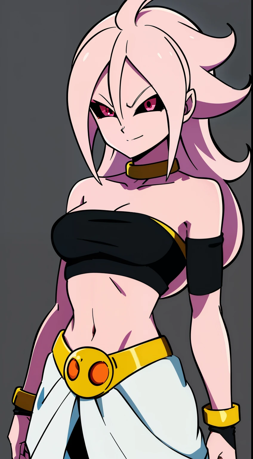 (high-quality, breathtaking),(expressive eyes, perfect face) Symmetrical Eyes, portrait, dragon ball z xenoverse 2, 1girl, female, alien, Majin Race, FMajin, Female Majin Buu, (pink skin:1.1), bubblegum pink skin color, red colored skin, smiling,(black sclera:1.2), red eyes, tentacle hair, baggypants, belt, black tube top, midriff, bare shoulders, alien, M, shoulder holes, standing, no nose, grey background, medium length hair, wavy hair, hair between eyes, Android21, Towa
