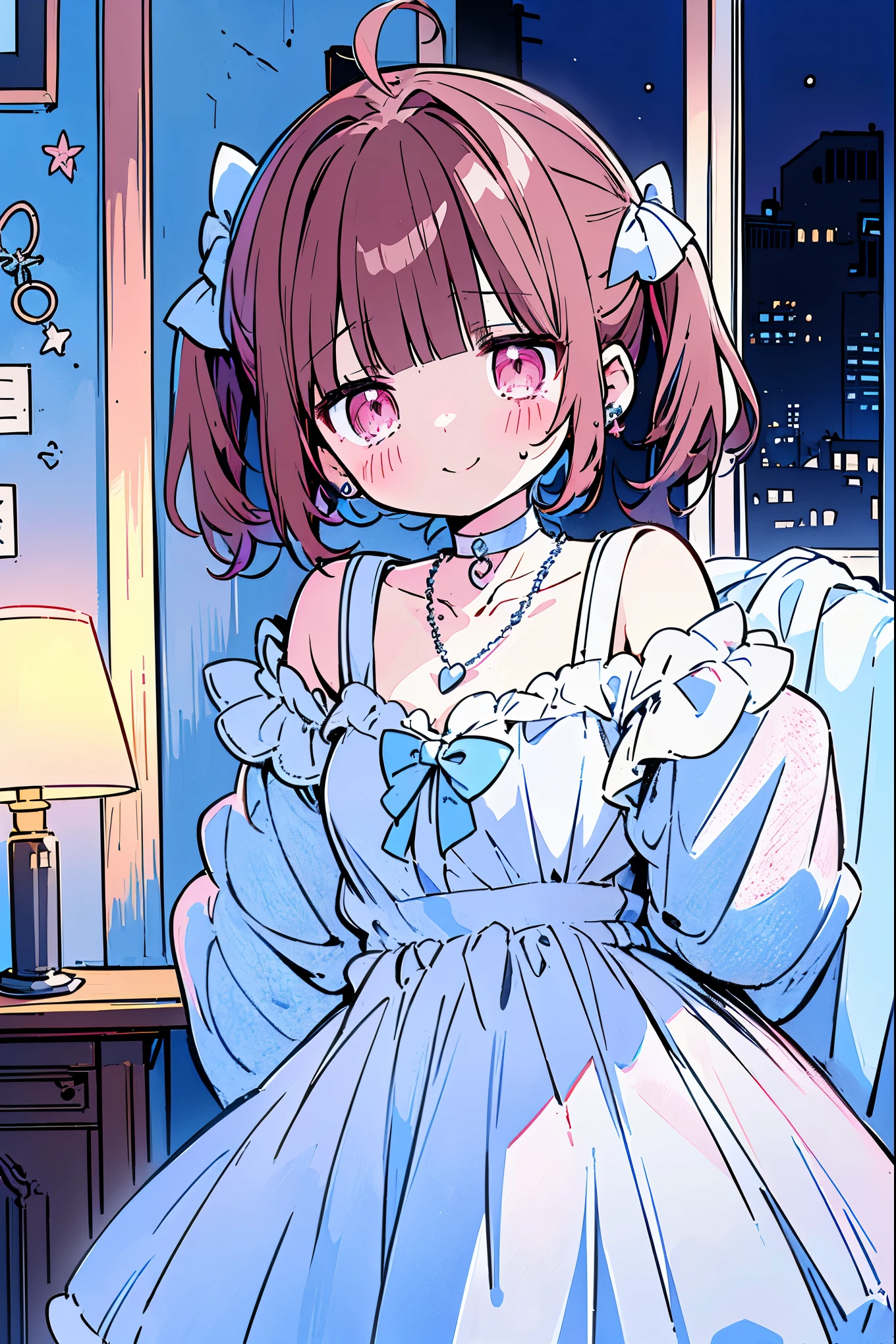 {{{{masterpiece}}}}, {{{Super detailed}}}, {{{high resolution}}},{{high resolution:1.3}}, {{good anatomy}}, (((best quality))), ((on the bed,indoor,blue theme,anime style,anime girl)),(((pink eyes,brown hair))),(big perfect eyes),((yandere,dark eyelash)),(((smart casual in pale blue color,collarbone,white dress, jewelry, choker,necklace,dark atmosphere,night time))), hairclip, {8k cg wallpaper}, {{illustration,zoom in,focus on face,close-up shot, looking out a window}},((ahoge|floating hair|blunt bangs|short hair|curly perm))smile,(1girl:1), bride,solo,alone,(Color difference:1.2),(yandere smile,evil smile,Dark circles),blushing,neat face,(medium breasts),((The details are complex、Shallow depth of field、weak lighting、a Canon EOS R5、50mm lens、f / 2.8、shot at 8k resolution))