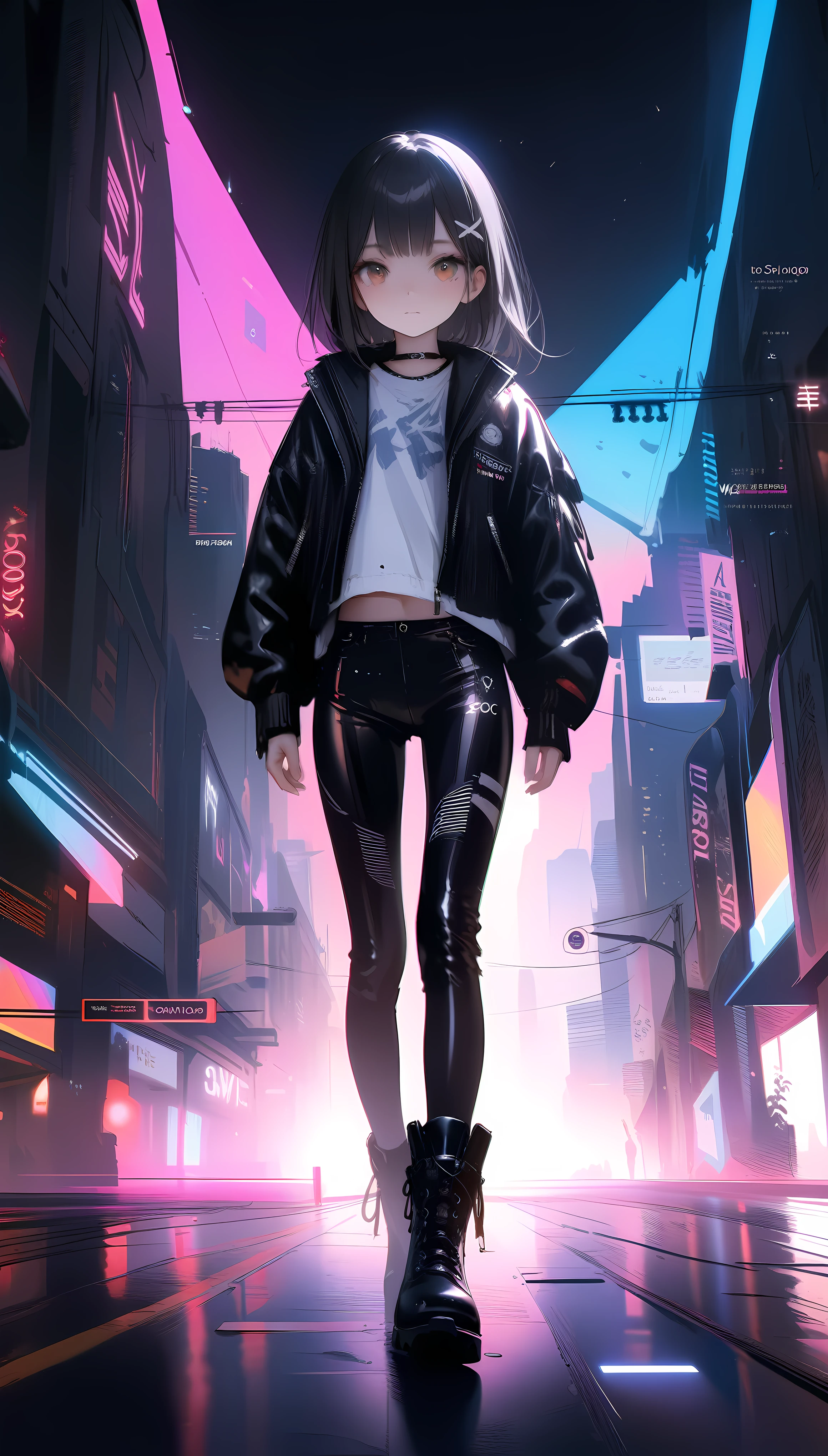 [artist:ningen_mame],[artist:sho_(sho_lwlw)],[artist:mignon],[artist:kedama milk],[artist:ask_(askzy)],artist:wanke,artist:wlop,artist:fujiyama,year 2024,8k,cyberpunk style,1girl,(Miyu Edelfelt),black hair,brown eyes,small chest,x hair ornament,Tight leather jacket and leather pants cover the whole body,High-heeled leather boots,(riding yellow SUZUKI GSX600F motorcycle),Beautiful,Glowing special effects,celluloid style,Flat coating,HD,CG art,comics,8K,looking into camera,high quality,illustration,Vaporwave style,rim light,movie lighting,Super detailed,complex,OC renderer,cinematic perspective,high resolution