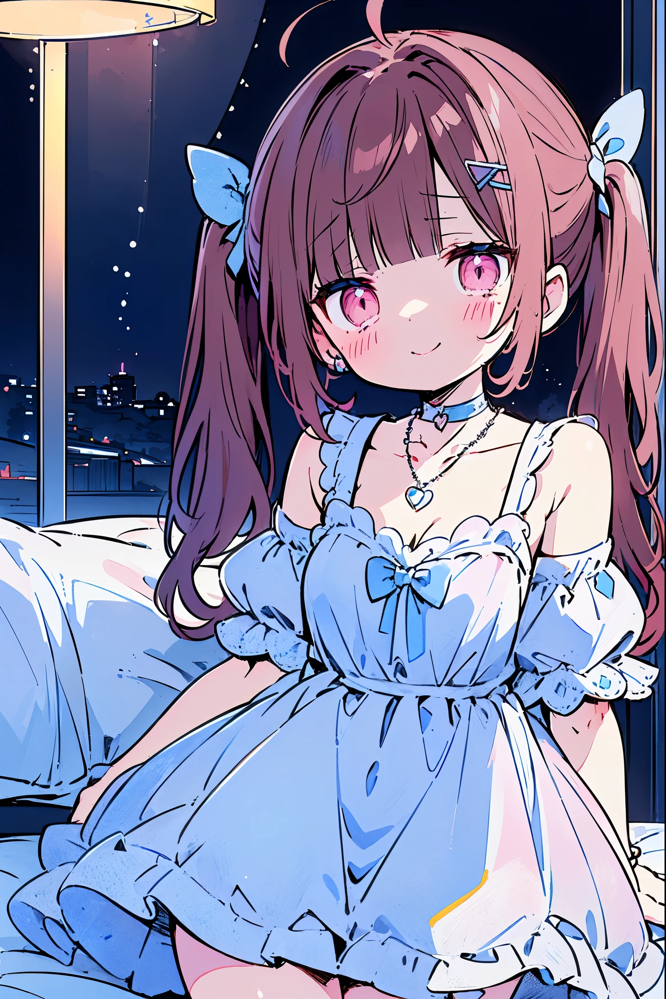 {{{{masterpiece}}}}, {{{Super detailed}}}, {{{high resolution}}},{{high resolution:1.3}}, {{good anatomy}}, (((best quality))), ((on the bed,indoor,blue theme,anime style,anime girl)),(((pink eyes,brown hair))),(big perfect eyes),((yandere,dark eyelash)),(((smart casual in pale blue color,collarbone,white dress, jewelry, choker,necklace,dark atmosphere,night time))), hairclip, {8k cg wallpaper}, {{illustration,zoom in,focus on face,close-up shot, looking out a window}},((twintails|ahoge|floating hair|blunt bangs|short hair|curly))smile,(1girl:1), bride,solo,alone,(Color difference:1.2),(yandere smile,evil smile,Dark circles),blushing,neat face,(medium breasts),((The details are complex、Shallow depth of field、weak lighting、a Canon EOS R5、50mm lens、f / 2.8、shot at 8k resolution))