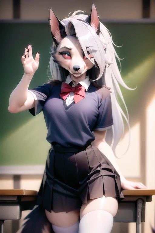 masterpiece, best quality, loona hellhound, (((traditional school uniform))), detailed face, [dogsnout, dognose], detailed eyes, (slit pupils, white eyes), red sclera, [smile], standing, classroom