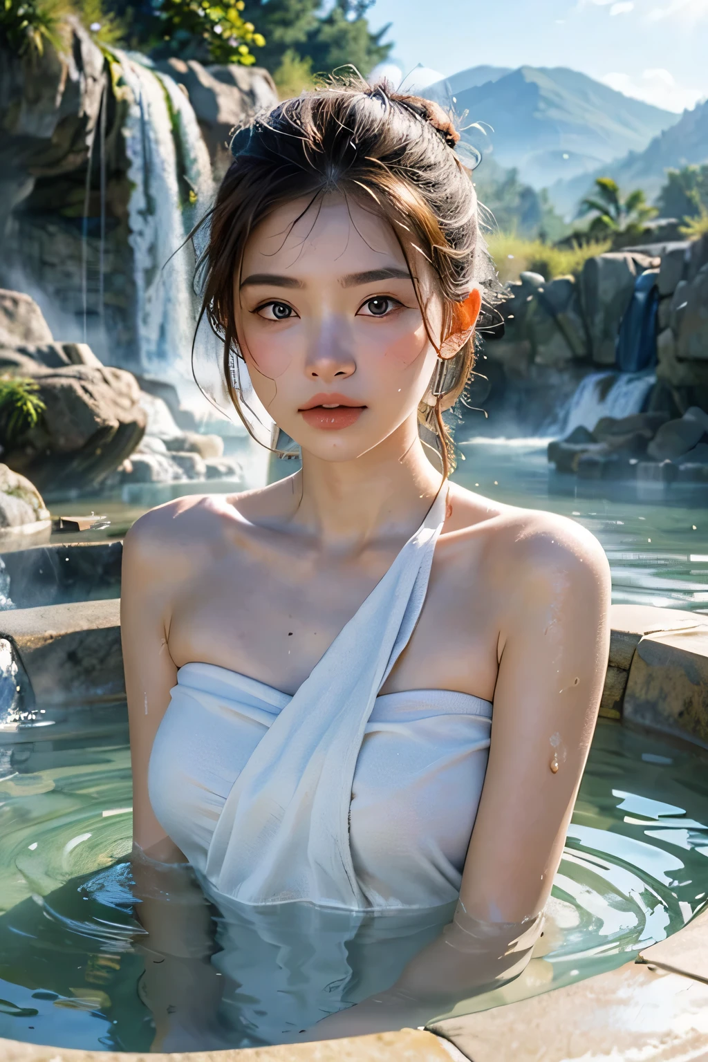 highest quality, masterpiece, ultra high resolution, (realistic:1.4), (close portrait) RAW photo, 1 girl, 18 years ago,((Private open-air bath)),((Wrap a bath towel in one piece)),((Milky water)),(((Steaming hot springs))),((My face feels like it's going to burn from the heat)),realisticJapanese Photo, saturation, contrast, POCARI SWEAT ads ((small breasts)),((toothy smile)),brown hair, (large breast:1.4),