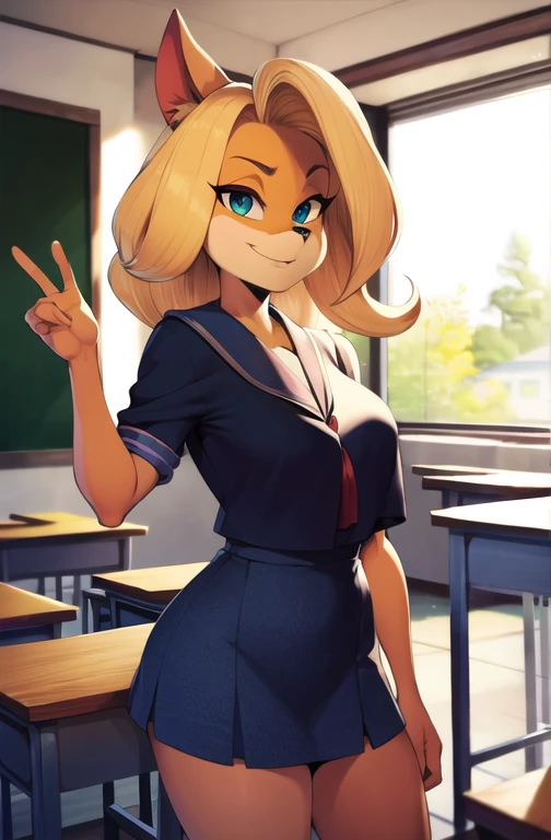 best quality, masterpiece, originaltawna, bandicoot ears, japanese student uniform, smile, classroom