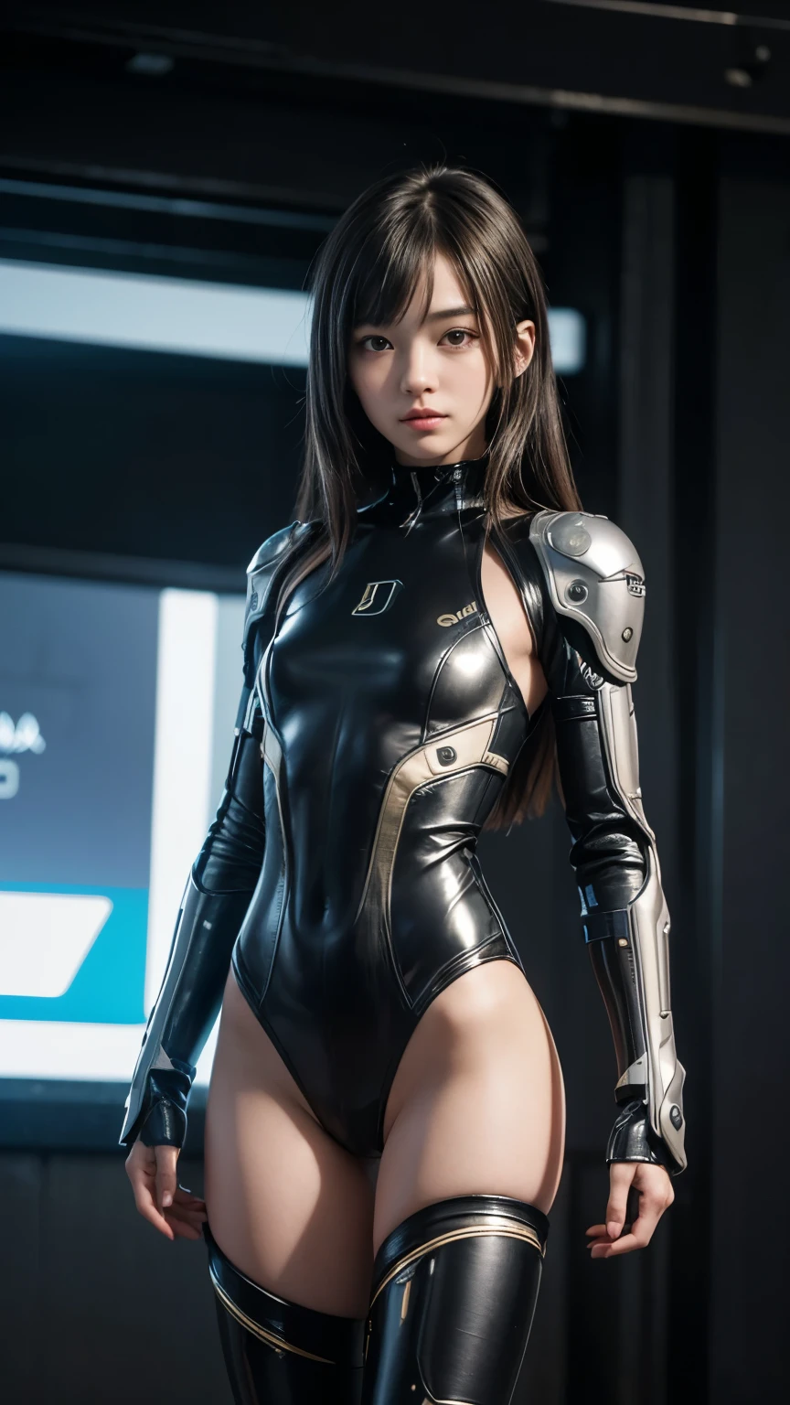 high quality, ​realistic masterpiece, two close friends, Beautiful tween girls, small skinny girls, cute girl face, cyberpunk, Wearing futuristic robotic tactical shear armor cyberpunk suit with cutouts showing body, skinny athletic body showing legs, innocent, playful, Famous actresses of Japan, very beautiful face
