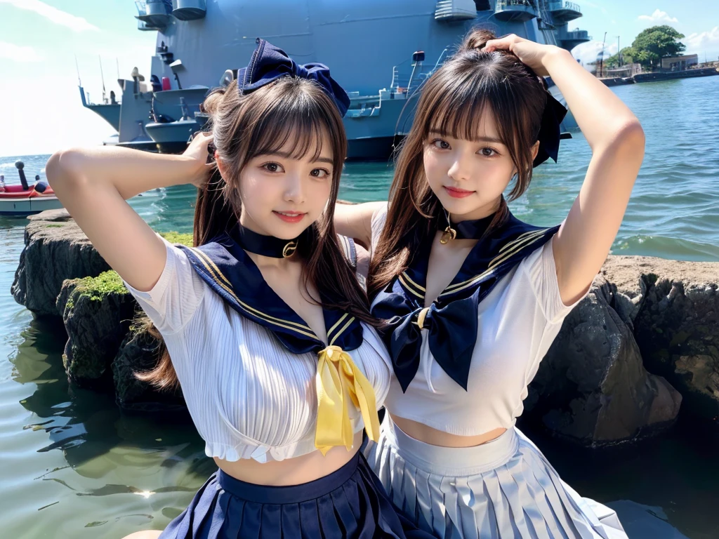 (((very heavy chest))),NSFW, 16k raw photos, highest quality, masterpiece, ultra high resolution, ((She is wearing Beautiful exposed redShe is wearing (a high school sailor uniform).
(navy sailor collar:1.4),(white shirt:1.4),(navy pleats skirt:1.4),(navy bow:1.4))).movie, ((2 girls, , 2 schoolgirls)),((attractive expression)),eyes shine、 looking at the viewer, natural skin texture very heavy chest))),((( metal black ribbon around the neck))).star handle mold、((yellow eyes)),Realistic eye and face details, lip whole, lipstick makeup), fluffy ponytail hair, laughter, Beautiful feet, tall woman, ((glowing skin)),((Beautiful armpit)), slim_feet, huge breasts, cleavage, beautiful natural places, beautiful flower garden、(detailed background,highly exposed, huge breasts, blurred background,, JK ribbon on the neck, jk ribbon, golden hair, bracelet, water, bangs, split your lips、armpit、beautiful hip line、glowing skin、(((eyes shine brightly))),lotion skin、High leg、((black hair)),highly exposed、Skimpy pink luxury fur coat、beautiful sea background、wind effect、