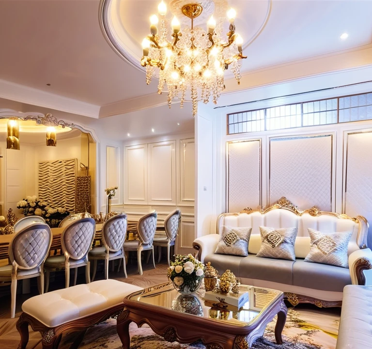 ,Masterpiece, Best quality,8K, Ultra-high resolution,When you step into the living room,Immediately surrounded by a rich atmosphere of luxury。Ornate crystal chandeliers hang high on the wall,Shine brightly。The sofa was covered with a soft white fluffy blanket,It is so comfortable,So much so that you can't help but indulge in it。In the corner of the living room is a delicate coffee table,Embellished with precious porcelain and WHITE-OFF AND (( DOUSSIE :1.3 )) AND DOUSSIE WOOD ornaments。Whenever it is late afternoon,The afterglow from the window spilled on the floor,Soft light and shadow are reflected,It was as if entering a dreamland。