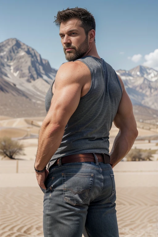 Mature man, very handsome, best quality, adventurer, gray jeans, shirtless, hairy, , masterpiece, super high resolution, detailed background, reality, , single, 1 boy, muscle man, beard, desert, desert, mountain, muscle, facial hair, volumetric lighting, depth of field, wheezing, raised crotch, handsome action, big dynamics,