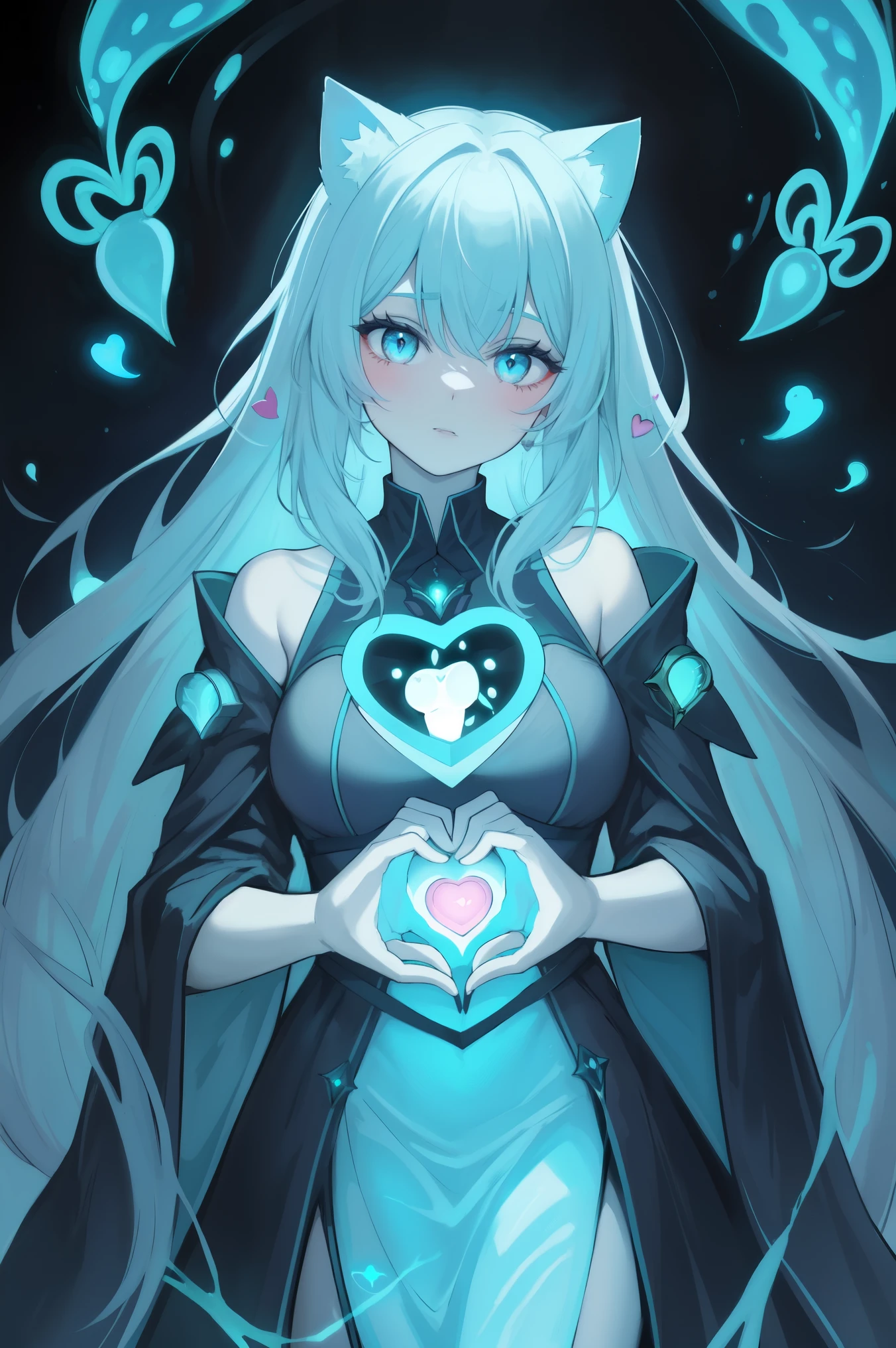 Fantastic painting of a glowing woman, (((Bioluminescent Heart))), Representing the essence of women&#39;s dreams and desires、Purple hair long、Purple Eyeermaid Dress、Cat ear