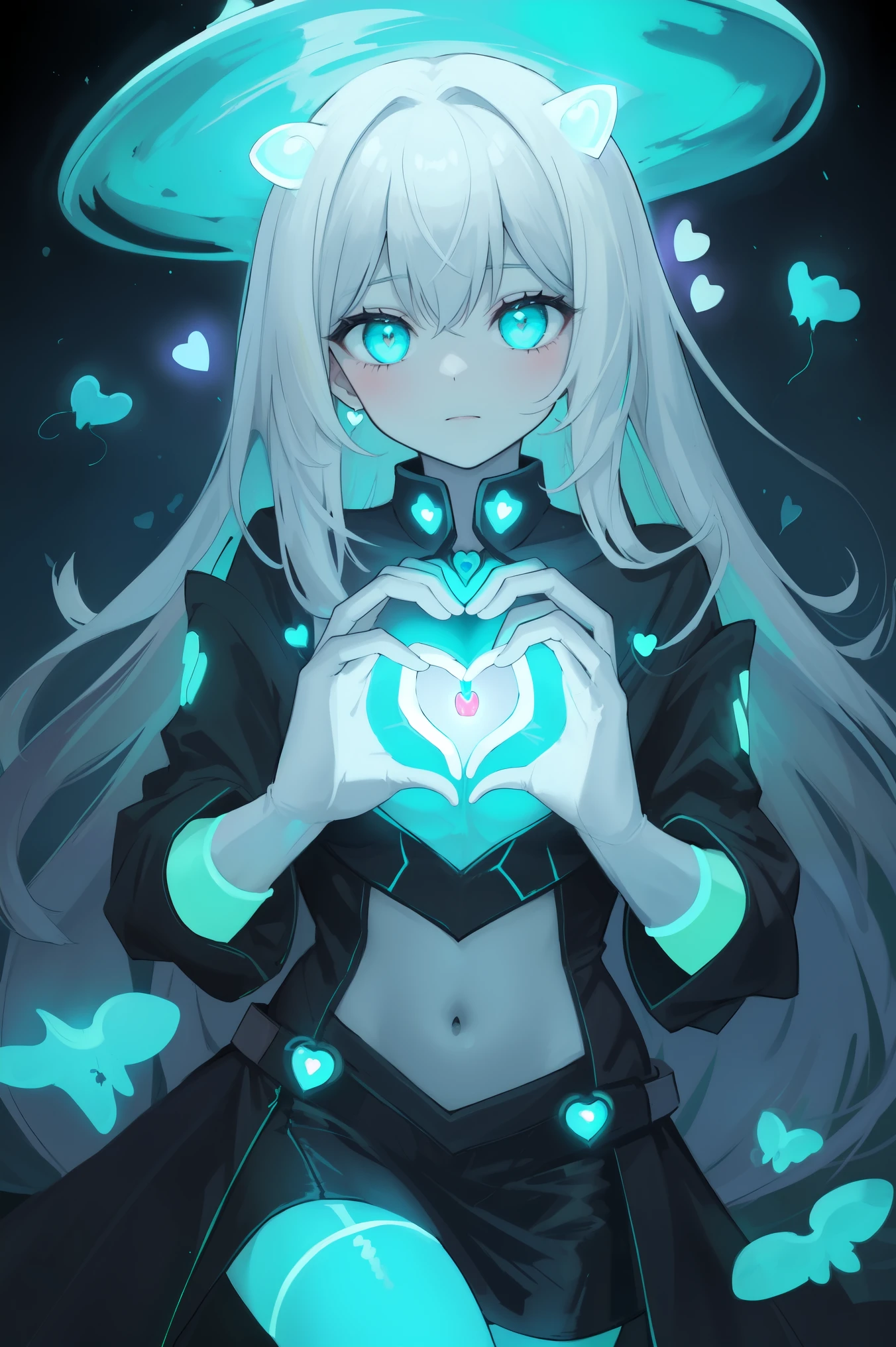 Fantastic painting of a glowing woman, (((Bioluminescent Heart))), Representing the essence of women's dreams and desires、Purple hair long、Purple Eyeermaid Dress、Cat ear