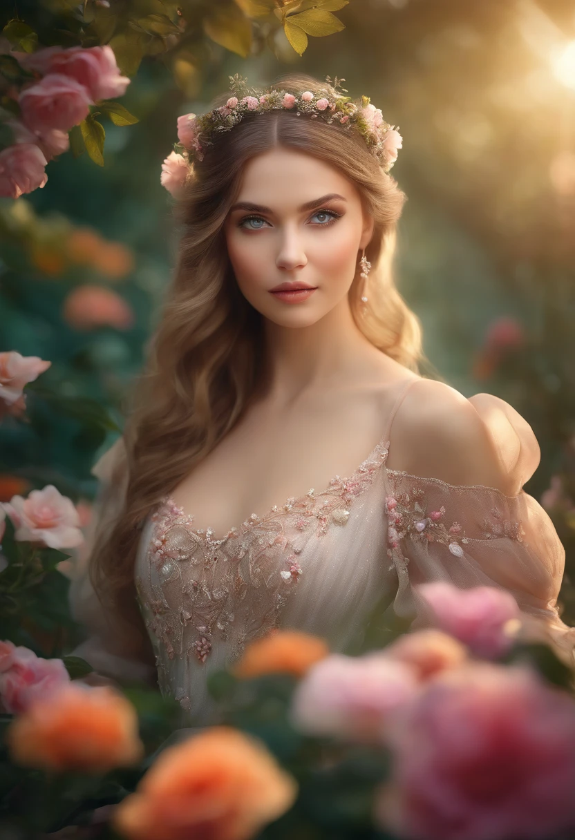 A girl in a garden,beautiful detailed eyes,beautiful detailed lips,extremely detailed eyes and face,long eyelashes,3D rendering,ultra-detailed,high quality,realistic,portrait,floral,soft and dreamy lighting, vibrant colors, colorful flowers, flowing dress, graceful pose, cheerful expression,fantasy surreal atmosphere, ethereal and magical,harmonious color palette,natural sunlight pouring through the trees,crisp and clear details,romantic,enchanted garden.