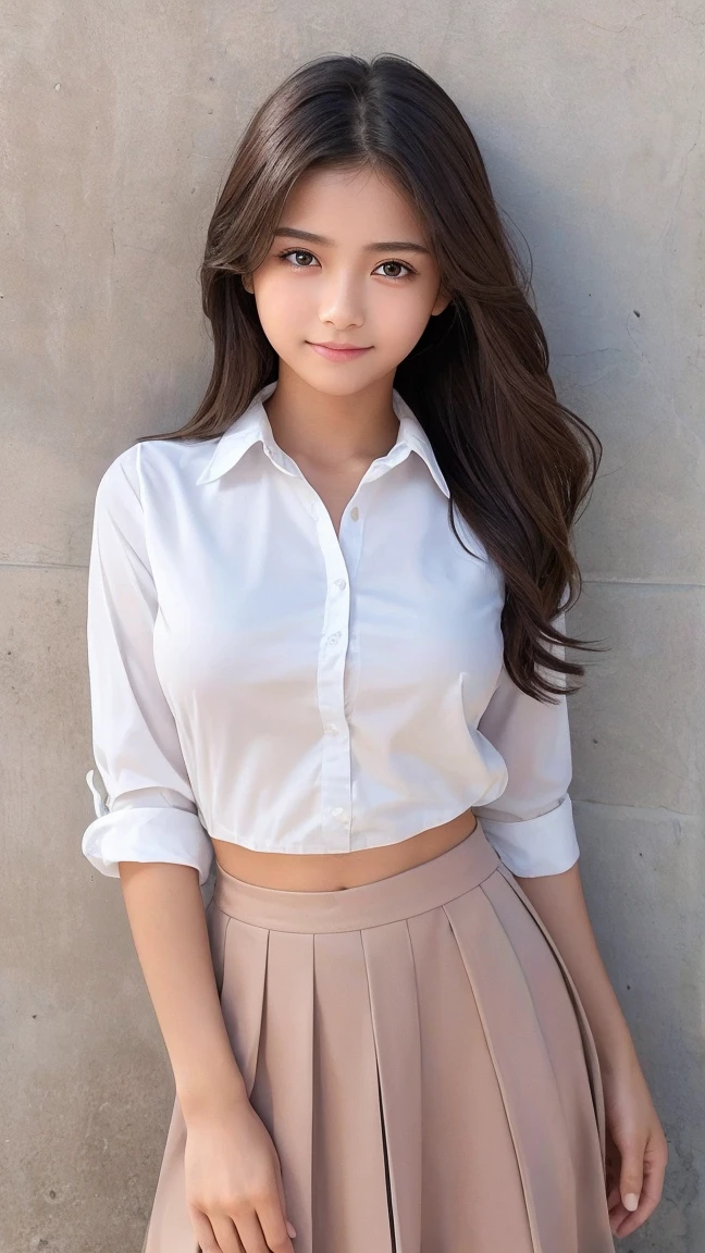 high resolution, extremely detailed CG, unity 8k wallpaper, super detailed skin, perfect anatomy, detailed, cinematic lighting, dynamic lighting, beautiful detailed eyes, one girl, cowboy shot, (arms behind back:1.2), smile, (beautiful girl, delicate girl:1.3), (:1.3), extremely fine-grained clarity, (symmetrical eyes:1.3), (front of wall:1.2), (spring school uniform:1.3), (gigantic breasts:1.2), brown eyes, hair over one eye, tanned skin, young girl, (Eye and face details:1.0), (embarrassed:1.2), gleaming skin,