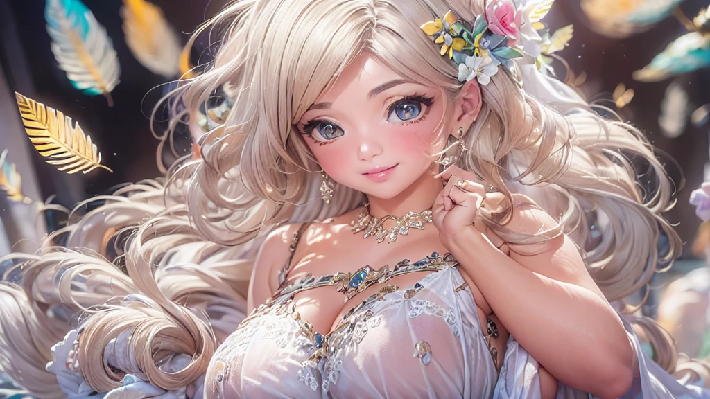 Mature Woman, Looking at the audience, Attractive breasts,Sensual curves、bubble、Full Body Shot,Nightgown, Charming smile, Thick lips, plump唇, blush, Looking at the audience, Provocative expression, Beautiful Hairstyles, Cleavage, plump、Curvy Hips、Attractive face、Mischievous face、Sexy Lingerie、An inviting gaze、Expressing emotions、colored feather, Money属装飾品, particle, Light, (masterpiece, highest quality, highest quality, Official Art, beautifully、aesthetic:1.2), (1 girl:1.3), Very detailed,(Fractal Art:1.1),(colorful:1.1)(flowerズ:1.3),Most detailed, (Dynamic pose), (Shiny skin), (Many colors :1.4), ,(Earrings:1.4), (feather:1.4),masterpiece,Mr.々Hair style,Moneyのヘッドバンド,Tulle covers the chest,Perfect balance, Detailed details of the garment,marble,cinematicLighting, Film Grain, contrast of Light and dark,High detail,(((Gorgeous Accessories))))、Openwork decoration,(((See-through dress)))、(((Anatomically correct body))) ,1 girl, (High resolution), (8k), (Very detailed), Perfect Face, Beautiful eyes and face, (((highest quality))), (Very detailed), Detailed face and eyes, Beautiful Eyes,(((Sexy pose))),Beautiful Eyes、Transparent double eyelids、(((Super gorgeous background)))、Bright Eyes,Money,diamond,gem,Body Chain,Luxury Accessories,beautifully、aesthetic,flower