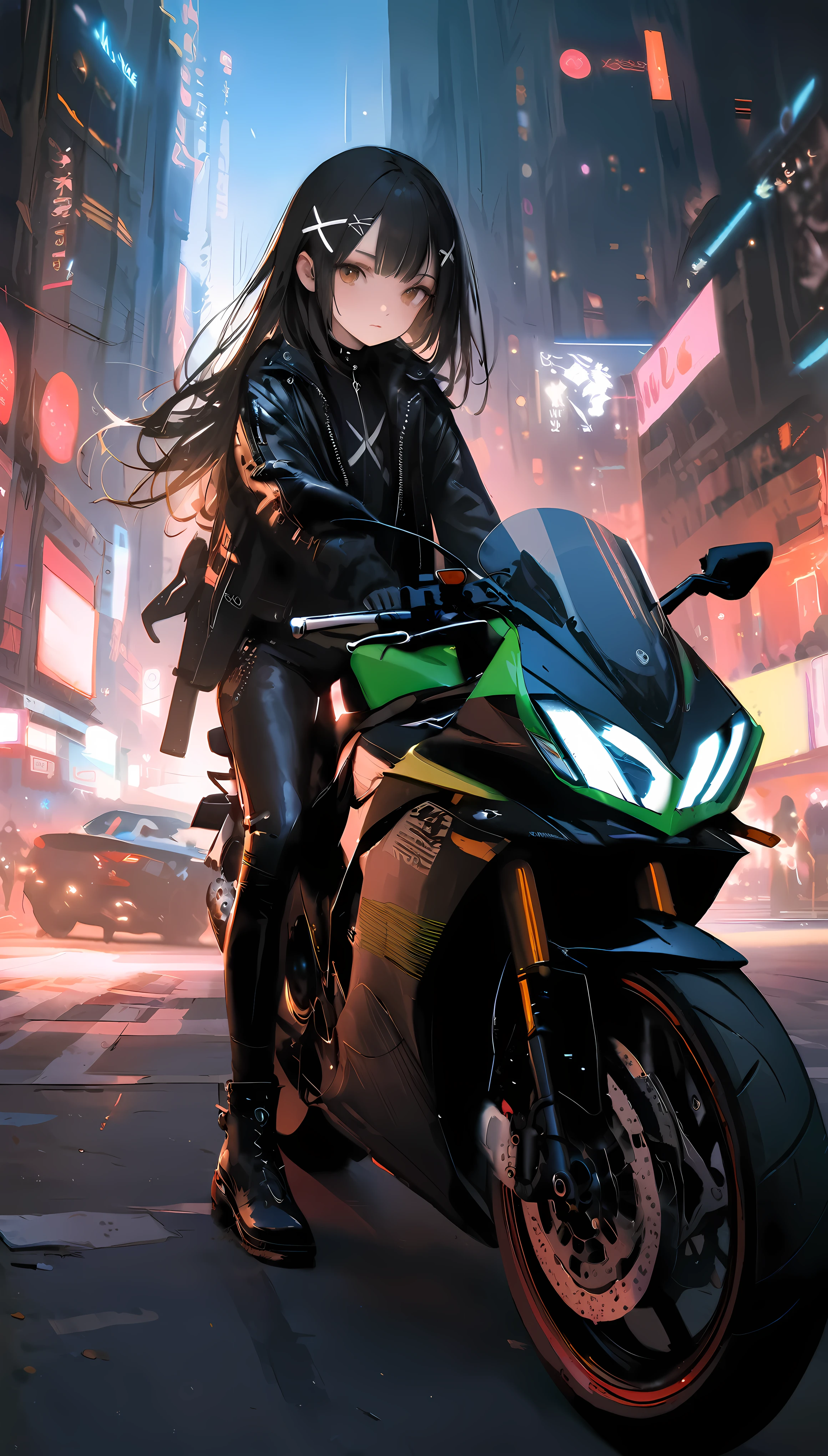 [artist:ningen_mame],[artist:sho_(sho_lwlw)],[artist:mignon],[artist:kedama milk],[artist:ask_(askzy)],artist:wanke,artist:wlop,artist:fujiyama,year 2024,8k,cyberpunk style,1girl,(Miyu Edelfelt),black hair,brown eyes,small chest,x hair ornament,Tight leather jacket and leather pants cover the whole body,High-heeled leather boots,(riding Kawasaki Ninja 250 ABS motorcycle),Beautiful,Glowing special effects,celluloid style,Flat coating,HD,CG art,comics,8K,looking into camera,high quality,illustration,Vaporwave style,rim light,movie lighting,Super detailed,complex,OC renderer,cinematic perspective,high resolution