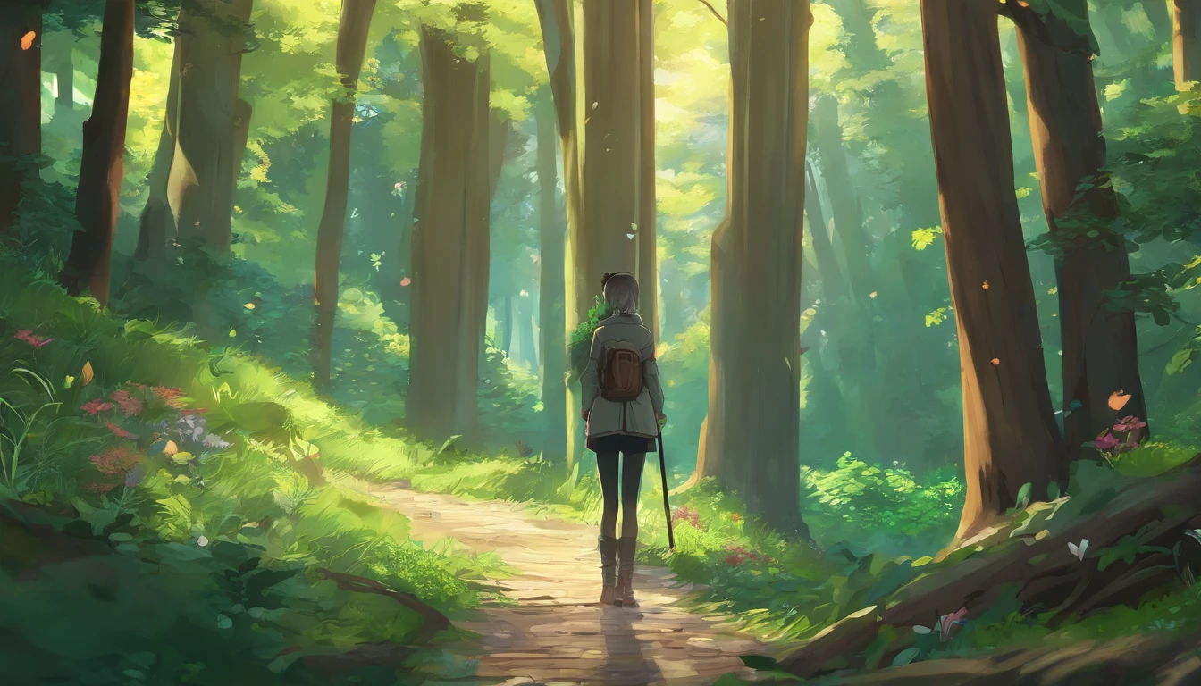 Ryu, Elbow hand pockets, Green Cape, Hooded cloak, Forest Background, Bokeh, Medium Shot, Very detailed, beautiful, masterpiece, Perfect Anatomy, [[Award-winning photography, Macro Photography Vivid Colors]], Atmospheric, Majestic, High resolution, That&#39;s excellent, Very detailed, complicated, Realistic lighting, 4K, (alone:1.2), (cute:1.1), (Anime screenshots), 　in the forest, morning, Carrying a walking stick, elf with pointed ears
