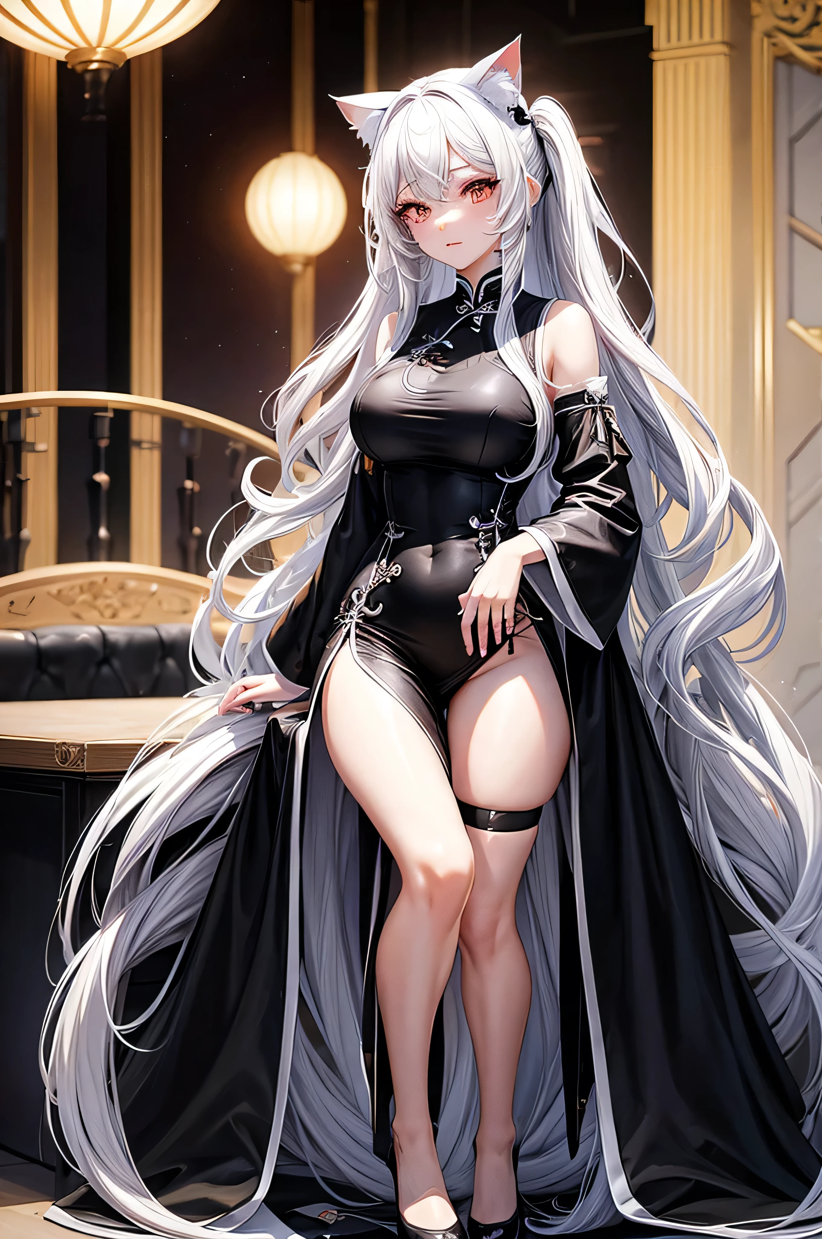 Long white hair, all-black full-body cheongsam, obvious eyeliner, large , cat ears and cat tail