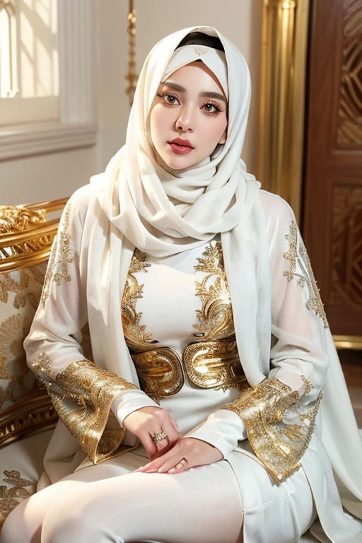 (masterpiece), (ultra high resolution), (extremely intricate), (exquisitely detailed), (F1.4, 1/800s, ISO 100, photorealistic),1girl, (beautiful gorgeous arabic woman),  looking_at_camera,Evil queen, homewrecker, white hair,huge breasts,((wearing full sleeve white black with golden embroidery,long light silver abaya,ivory colored hijab,scarf with gold jewellery)), thigh high stockings,(long eyelashes,double eyelids),(red eyeshadow,silver eyeliner,golden masacara),Full lips,bright red lipstick,golden glitter,
Romantic  makeup, 
standing,pin up style