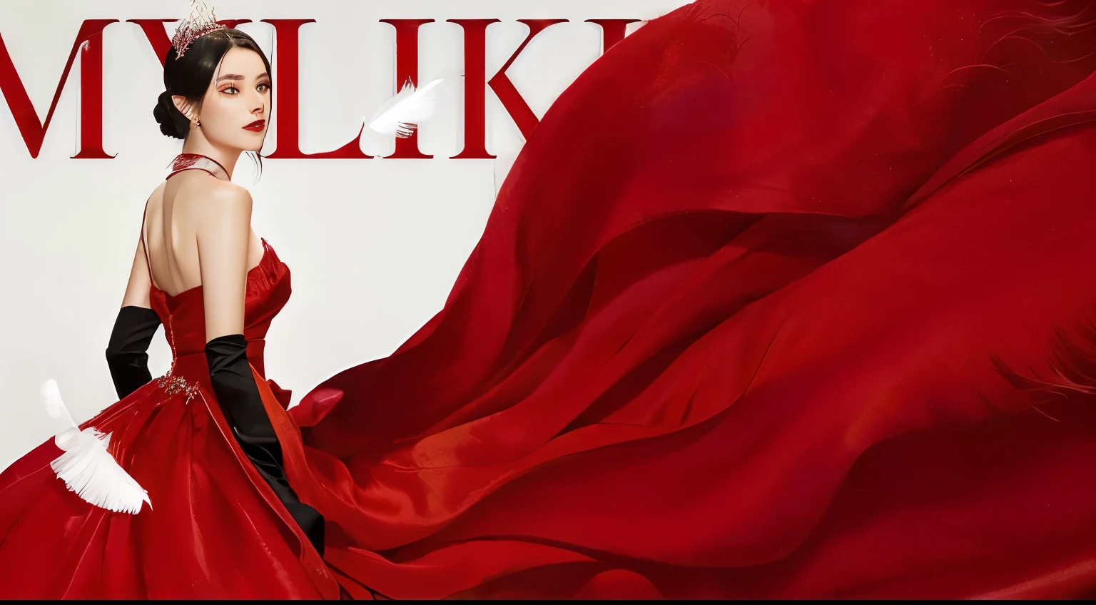 There is a girl wearing a red dress、Lady with feathers on her arms, lifelike, long cloths red like silk, Life class, silks, Wearing a luxurious silk cape, By Micha Klein, Black and red silk dress, Silky Hair, sickle, lipkin, like story, Miko, lifelike texture, Red silk flowy fabric