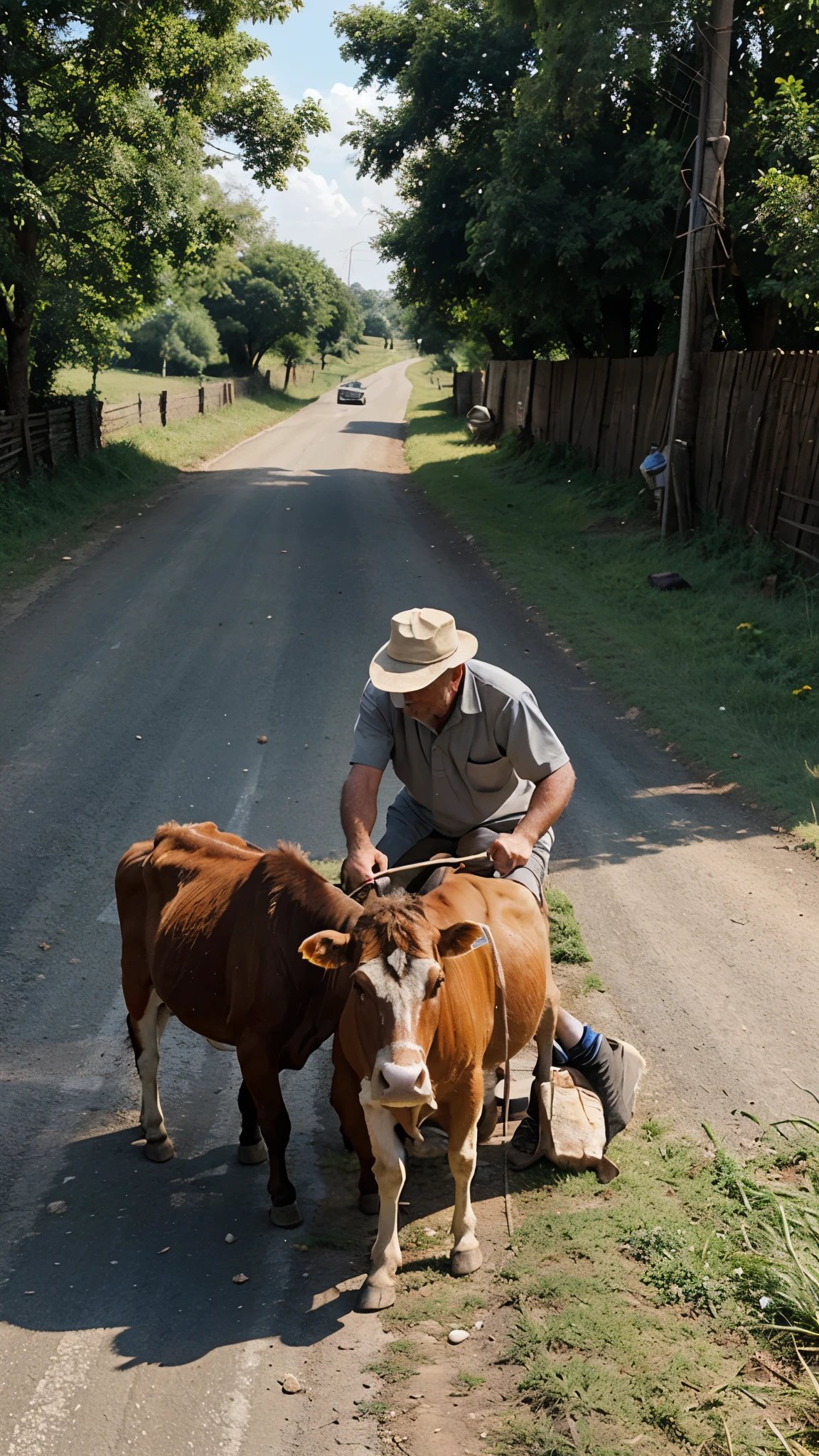 The old man is giving grass to the cow on the village road.