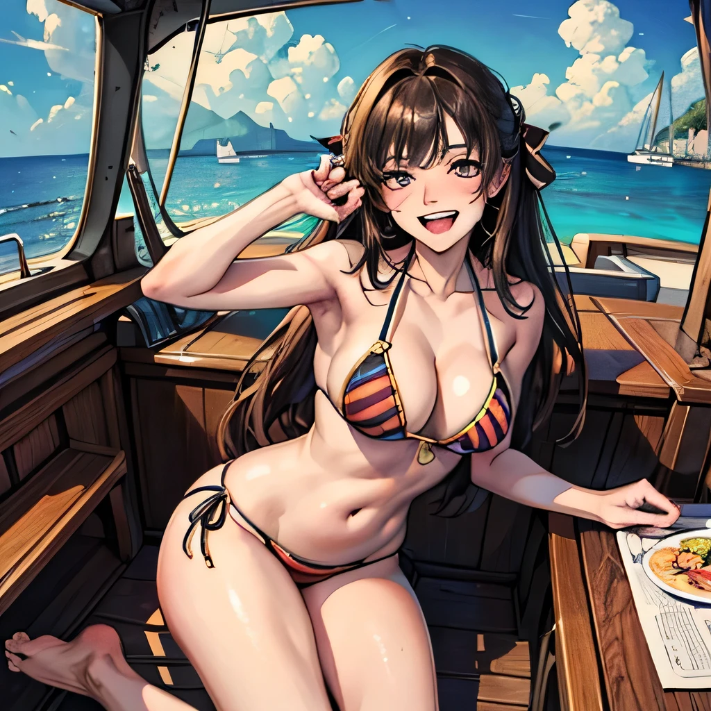 TOP quality,8K, masterpiece, insanely detailed,(illustration:1.2), (1girl:1.2),20yo, (laugh:1.5),(bikini, cleavage:1.3),(sea),(boat)