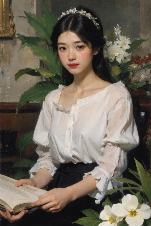 (painting: 1.5),
\\
one with black hair、woman with white flowers in hair,In the field of white flowers, (Amy Saul: 0.248), (Stanley Ager Liu: 0.106), (A detailed painting: 0.353), (Gothic art: 0.106)