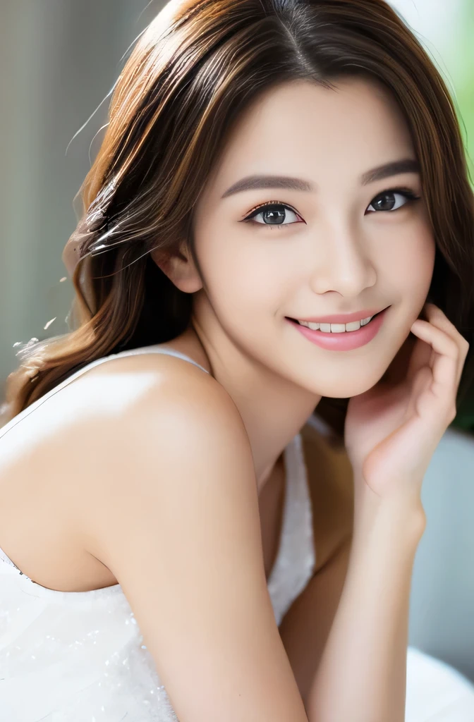 Beautiful woman with perfect eyes and nose、Model-like beauty、Cute like a model、Double Eyes、How to use regular mascara、Eye color is blue、Her hair color is pink.、Her face is delicate and elegant.、4K images、Beautiful style like a model、Usually large、A fresh and lovely smile、Overall image、Cute Smile、Beautiful and delicate face like a model、highest quality、Masseter region、Beautiful smile、In a bright room、I'、The height of femininity、Adult smile、Sexy pose、Upper Body、In underwear、