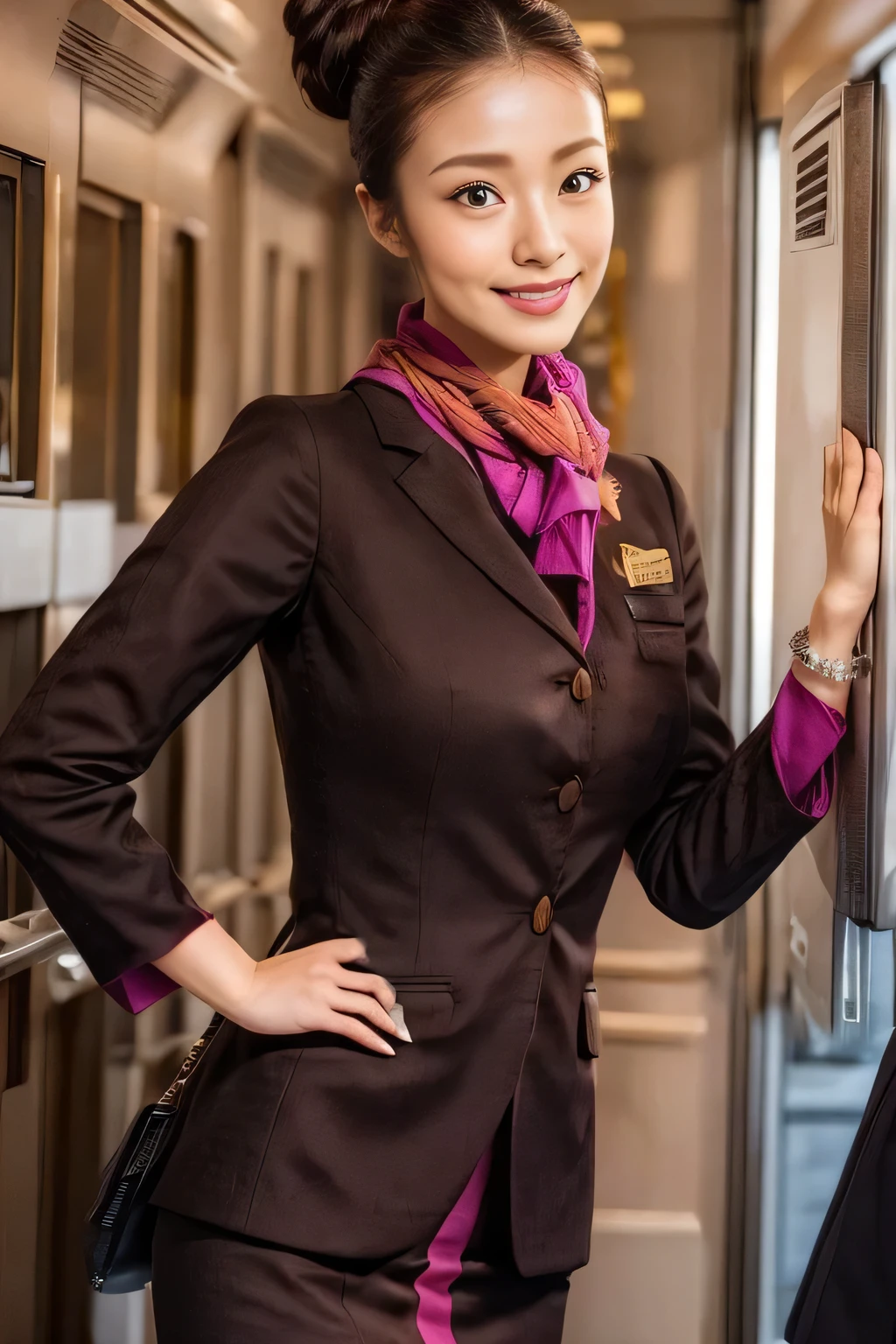 (masterpiece:1.2、highest quality:1.2)、32K HDR、High resolution、(alone、1 girl、Slim figure)、（A realistic reproduction of the ETIHAD Airways Cabincrew Uniform）、 (On board, Professional Lighting)、Background on board、A proper woman, Beautiful Face,、（Long sleeve ETIHAD Airways Cabincrew Uniform）、（ETIHAD Airways Cabincrew Uniform skirt with purple stripe on the front）、（scarf on chest）、Big Breasts、（Long Hair Up、Hair Bun）、Dark brown hair、Long Shot、（（Great hands：2.0））、（（Harmonious body proportions：1.5））、（（Normal limbs：2.0））、（（Normal finger：2.0））、（（Delicate eyes：2.0））、（（Normal eyes：2.0））)、Beautiful standing posture、smile、Place your hands around your stomach