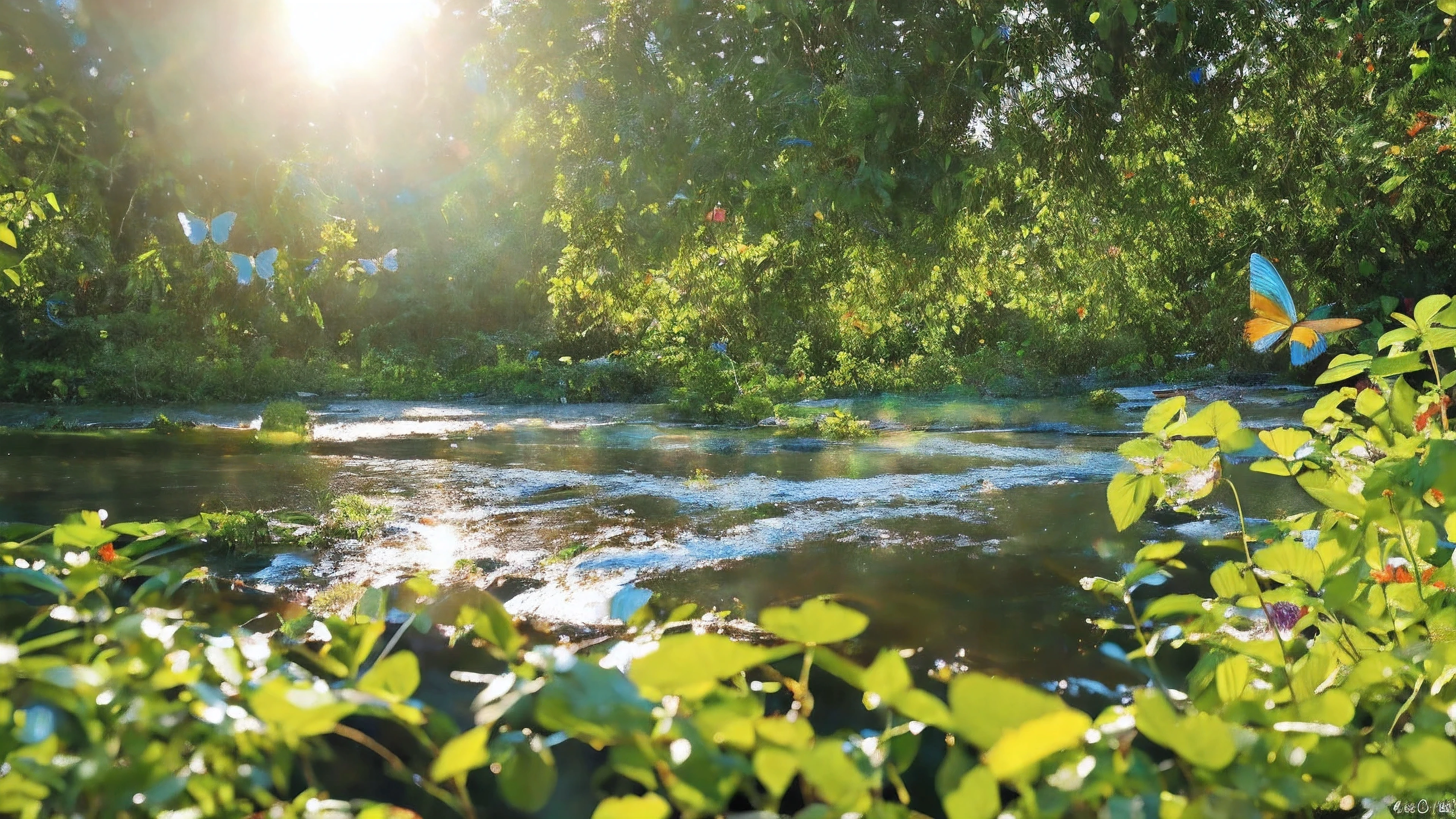 Depicting a mysterious river in the Amazon forest、Ultra-realistic and highly detailed beautiful masterpiece, With the morning sun, Butterfly flying over flowers, Hummingbird among exotic flowers