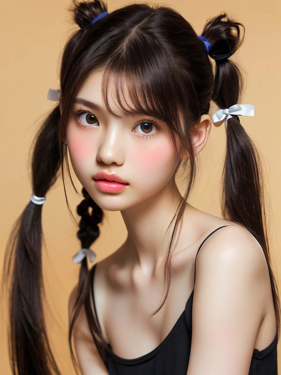 (Close-up portrait of a slender girl with small breasts in pigtails wearing summer clothes:1.3)、(No background:1.3)、(Anatomically correct:1.3)、(Complete Hand:1.3)、(Full Finger:1.3)、Photorealistic、Raw photo、Tabletop、highest quality、High Resolution、Delicate and beautiful、Perfect Face、Beautiful fine details、Fair skin、Real human skin、pores、((Thin legs))、(Black Hair)