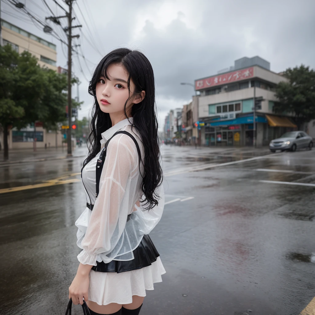 woman、(((one person)))、cute、、Black Hair、Medium curl、Wet Hair、Touching your hair、rain、D cup bust、one piece、mini skirt、Wet clothes、Transparent skin、Cloudy、rain雲、Street Corner、looking up、cowboy shot、highest quality、Super detailed、Very detailed、Detailed Background