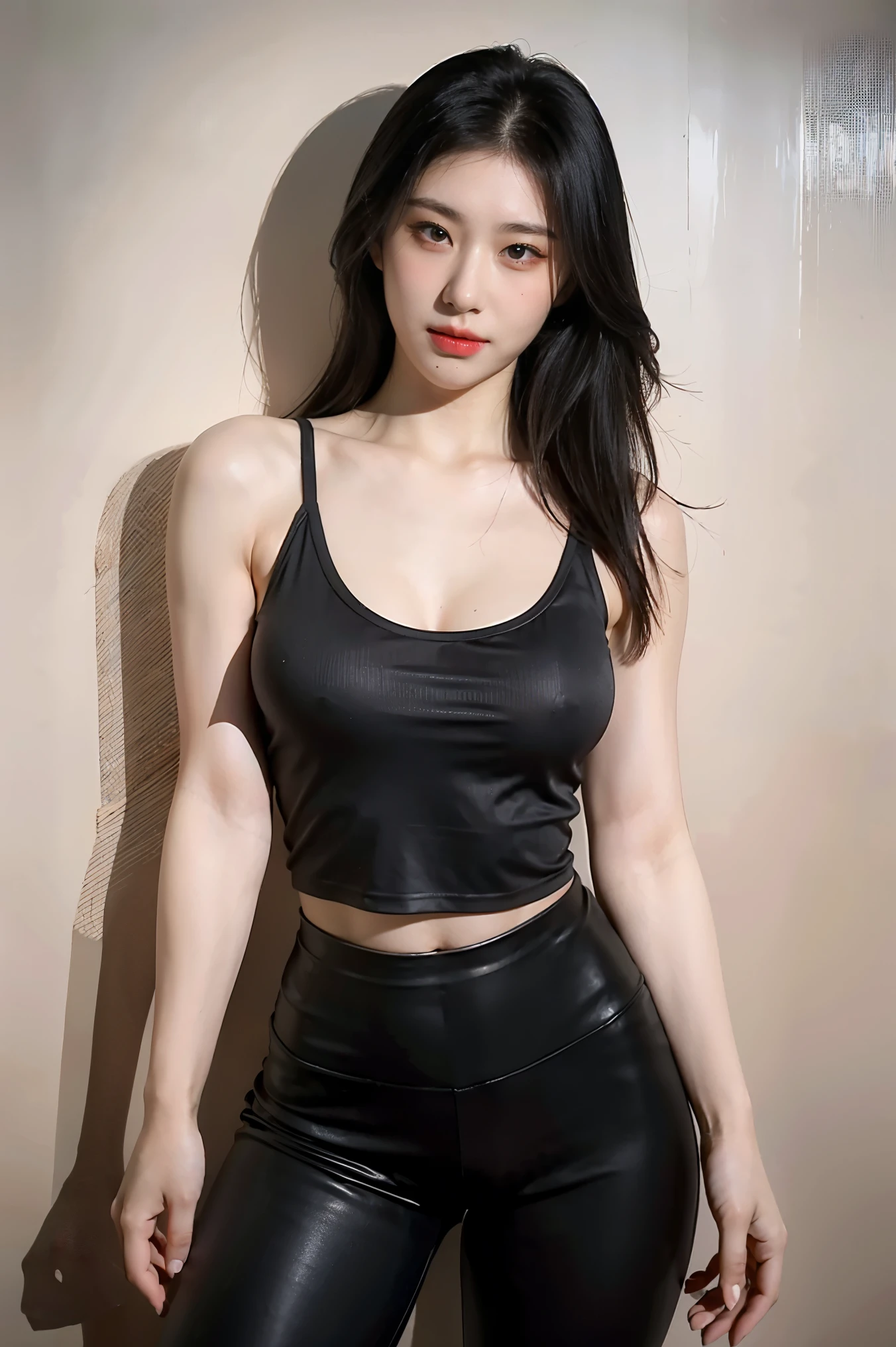 1 girl, masterpiece, highly detailed, simple wall background, (tall model body shape), beautiful face, young, athletic body, thick thighs, seductive, leggings, short tank top, cleavage, oiled skin