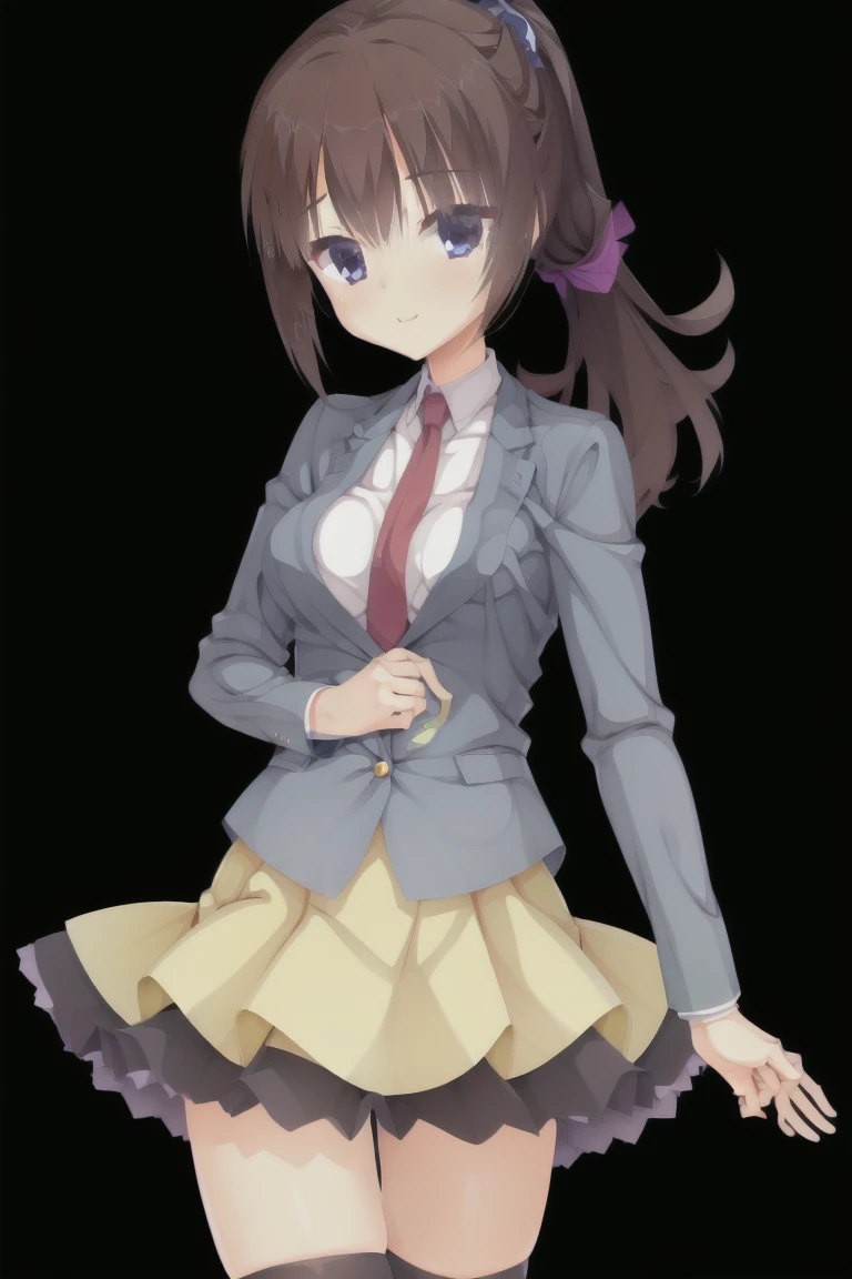 1girl,solo,dark_blown_hair,(ponytail_hair:1.2),smile,school_uniform,cute_school_uniform,navy_blue_blazer,shirt,necktie,skirt,pleated_skirt,Thigh Highs,Bedroom,expensive_solve, clear_image, expensive_Contrast, 8k, Sparkling, beautiful_detailed_face_and_eye, (Dark Brown Hair:1.25), 白 eye,