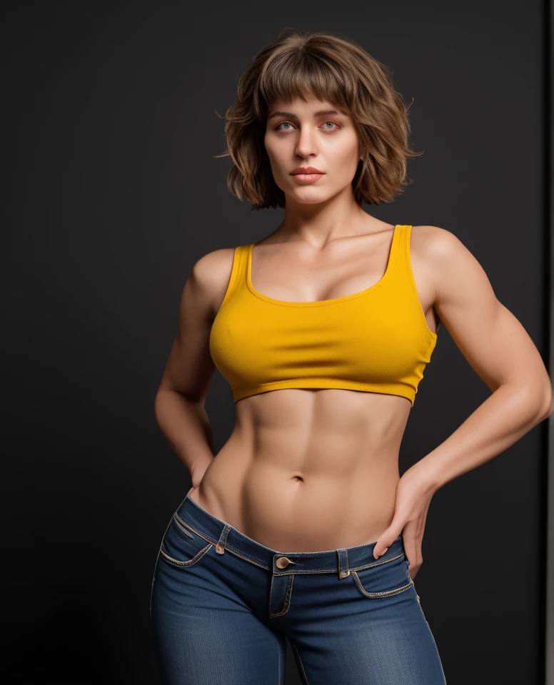 zPDXL2, zPDXLpg, zPDXLrl, A portrait photo of a 26-year-old influencer posing in jeans and yellow crop top, as a black backdrop looms behind her. This tanned+fit stunner features a (well-defined hourglass silhouette), (bountiful perky breasts), graceful firm build, and a choppy-messy bob.