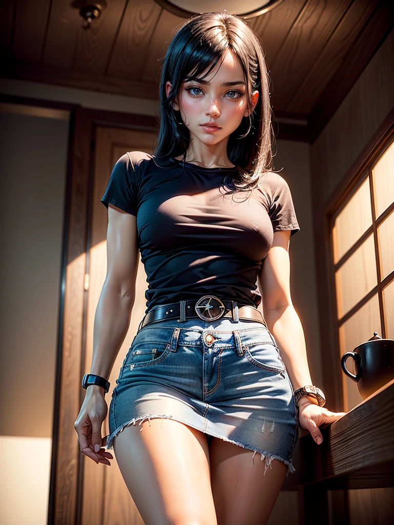 ((One Woman, Age 35)),(( alone:1.5)),Black straight hair,(((Slim body:1.2))),((Small breasts:1.2)),((Watches on both wrists:1.3)),((A white, tight-fitting short-sleeved shirt with rolled up sleeves:1.2)),(Brand new denim mini skirt:1.3),(Tea belt:1.2),((Alluring face:1.2)),((Big droopy eyes:1.0)), ((Open your mouth:1.0)),(((Hiccups don't stop:1.2))),Night Light, 8k, masterpiece:1.2, Very detailed, Realistic:1.37, Full HD, Background of Japanese-style room at night,Cowboy photographed from the front,Are standing,((drinking:1.2))