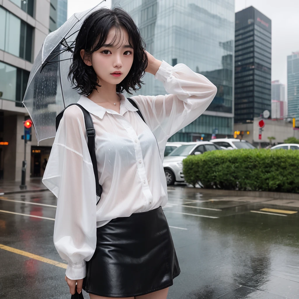 Natural image quality,Standing facing forward, (((looking at the camera))),1People Girls,Japanese,20-year-old,Beauty,tears,Sad expression, Wet short-sleeved summer clothes,Wet Skirt,(Disheveled Hair), ((Wet Hair)), ((Wet body)), ((Wet clothes)), ((Wet Face)), (The whole body is wet from rain), (Rainy city office district)