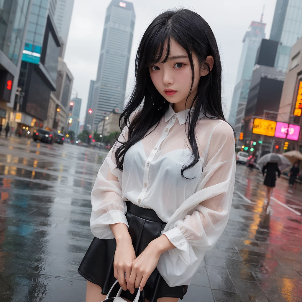 woman、(((one person)))、cute、、Black Hair、Short Curls、Wet Hair、Touching your hair、rain、D cup bust、one piece、mini skirt、Wet clothes、Transparent skin、Cloudy、rain雲、Street Corner、Building district、skyscraper、cowboy shot、highest quality、Super detailed、Very detailed、Detailed Background