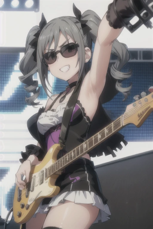 (((pixel-perfect, detail-perfect))), solo, 1girl, ranko kanzaki, sunglasses, angry face, grin, holding guitar, smile, live stage