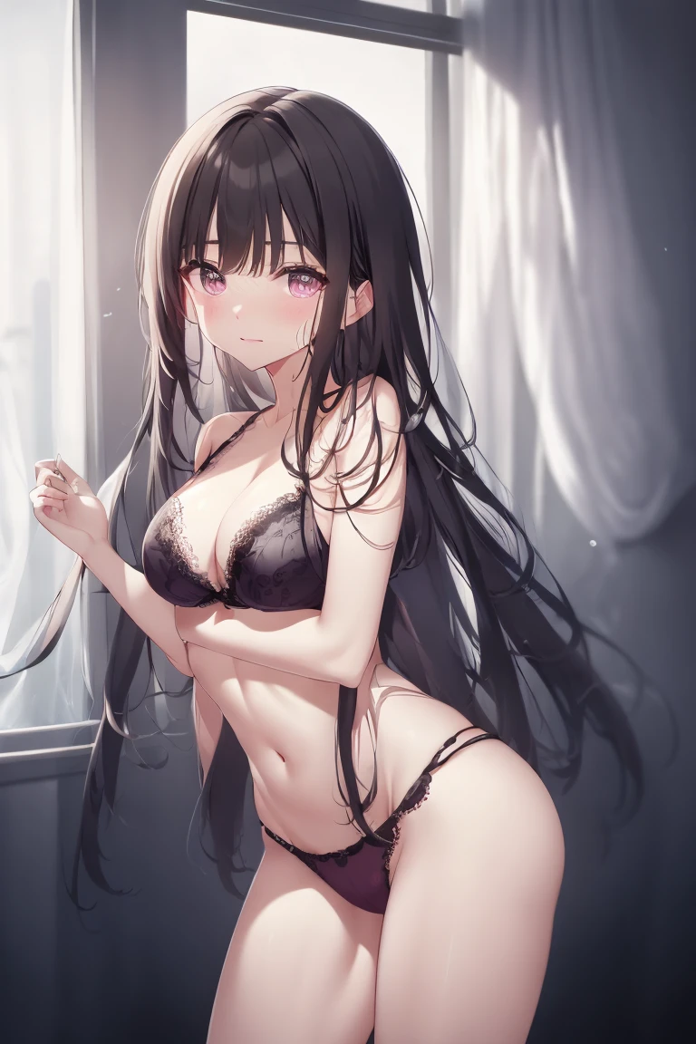 masterpiece、highest quality、Ultra-high resolution、8k、wallpaper、Perfect Anatomy、Perfect body、Change of clothes、Bedroom、evening、Cute Face、Drooping eyes、Short brown hair、Messy Hair、sleepy、Sunset from the window、、Revealing clothing、 10th Generation、clavicle、belly button、Standing、Open your eyes、Holding clothes、Normal milk、Cowboy Shot、Portrait、Pink Bra、(Pink Panties:1.3)、Picot lace