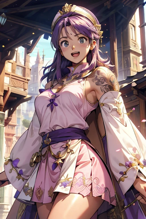 masterpiece, highest quality, Adult women,Very detailed,Rin々Nice face,Open Mouth Smile,White, pink, and purple adventurer uniform,Medieval Europe,Show your armpits,Black eyes,The dignity of a hero,,Small hair ornament,tattoo,Cape,Legs visible through the skirt,Natural Beauty,Cinematic,Large Breasts,Cleavage,