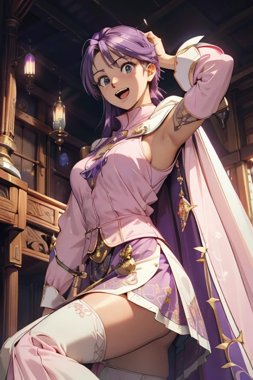 masterpiece, highest quality, Adult women,Very detailed,Rin々Nice face,Open Mouth Smile,White, pink, and purple adventurer uniform,Medieval Europe,Show your armpits,Black eyes,The dignity of a hero,,Small hair ornament,tattoo,Cape,Legs visible through the skirt,Natural Beauty,Cinematic,Large Breasts,Cleavage,