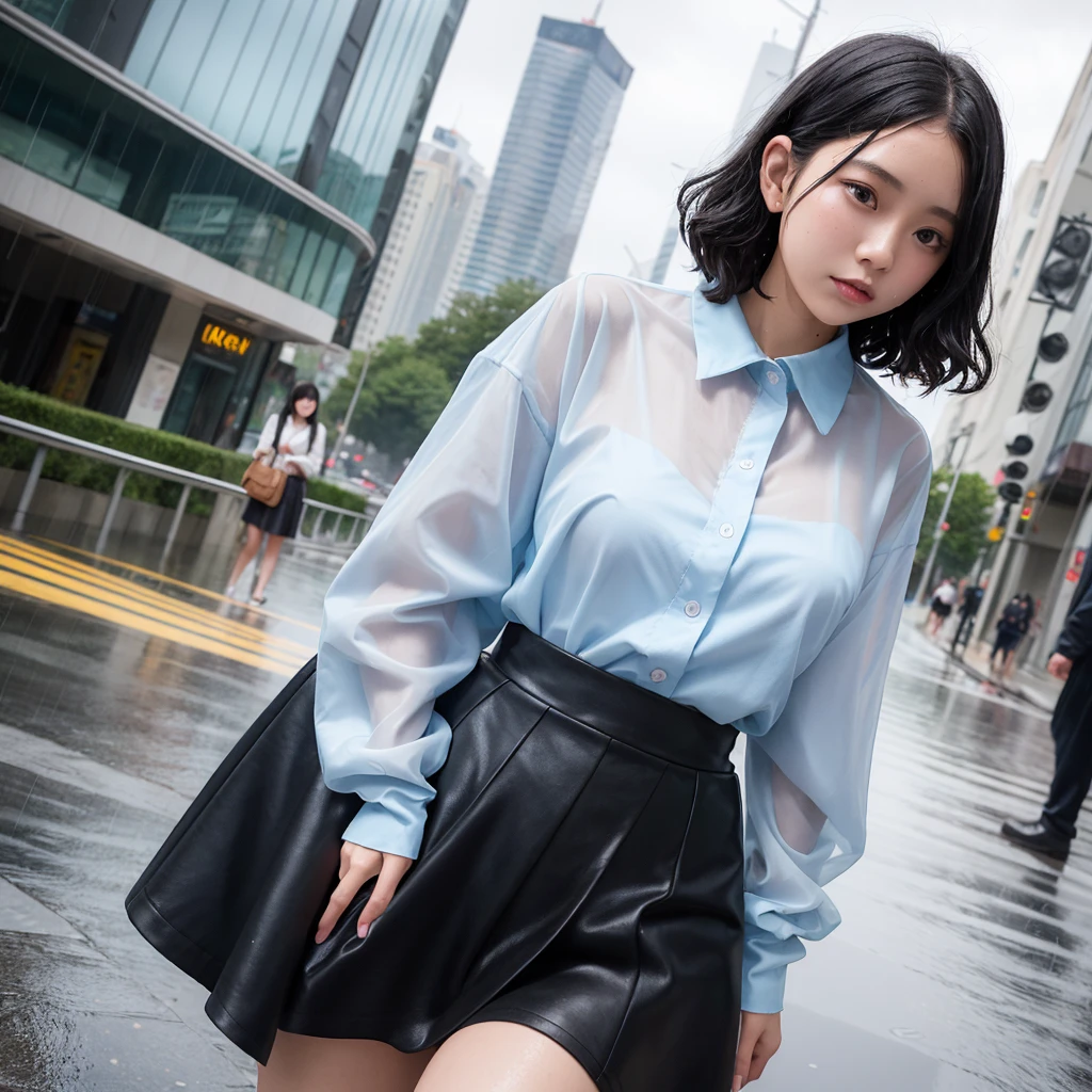 woman、(((one person)))、cute、16 years old、Black Hair、Short Curls、Wet Hair、Touching your hair、rain、D cup bust、Light blue dresini skirt、Wet clothes、Transparent skin、Cloudy、rain雲、Street Corner、Building district、skyscraper、cowboy shot、highest quality、Super detailed、Very detailed、Detailed Background