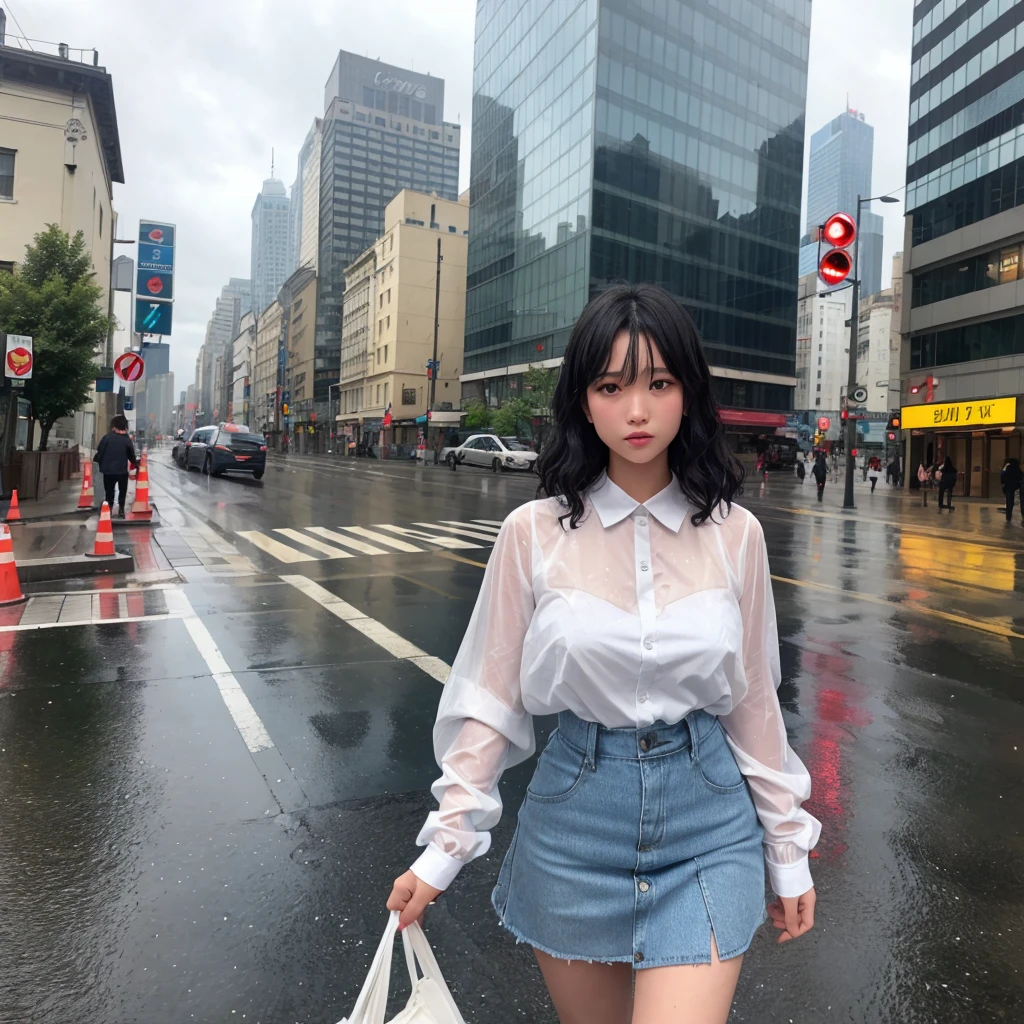 woman、(((one person)))、cute、、Black Hair、Short Curls、Wet Hair、Touching your hair、rain、D cup bust、Light blue dresini skirt、Wet clothes、Transparent skin、Cloudy、rain雲、Street Corner、Building district、skyscraper、cowboy shot、highest quality、Super detailed、Very detailed、Detailed Background